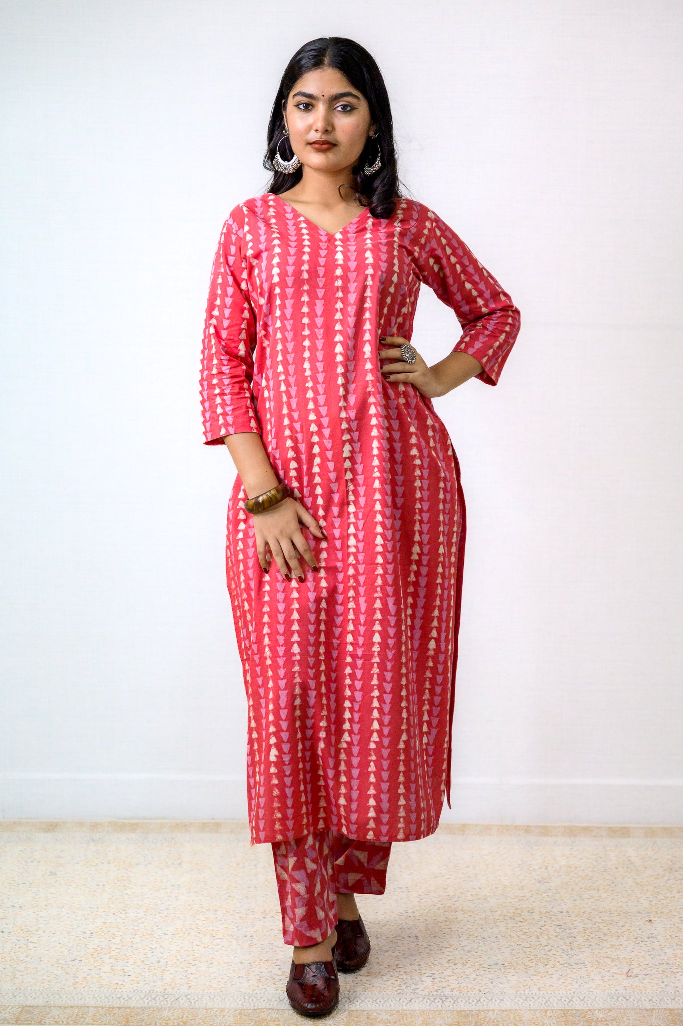 Set of 2- Peach Pink Bagru Straight Kurta & Pants