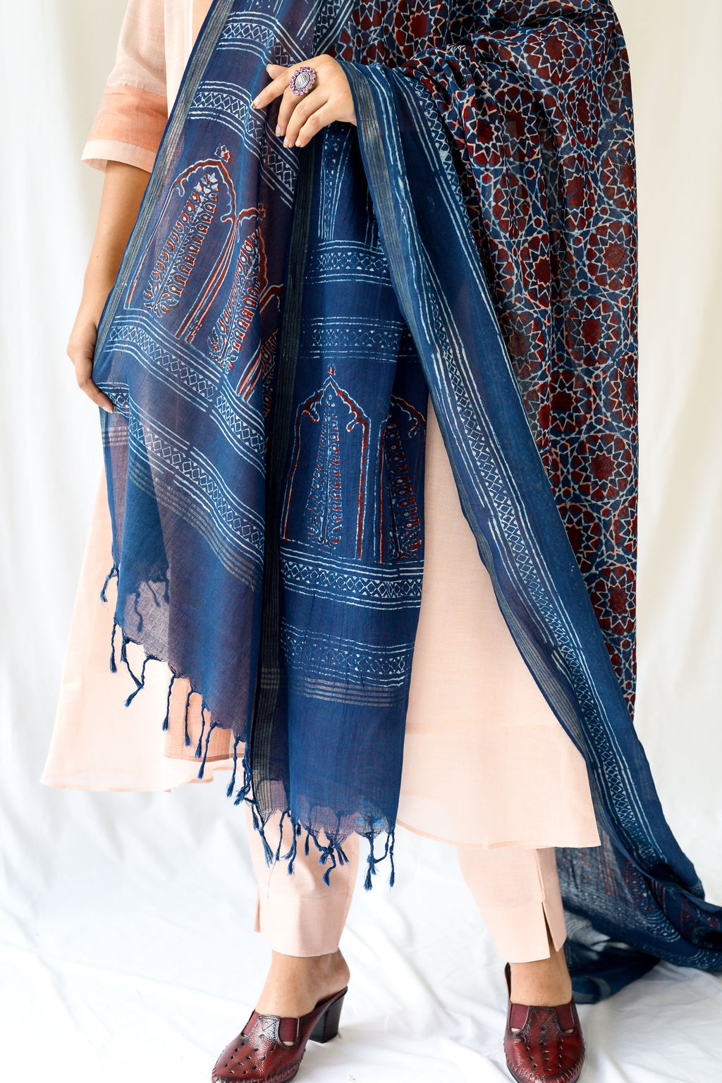 Dark Indigo Pine Florals Ajrakh Cotton Dupatta