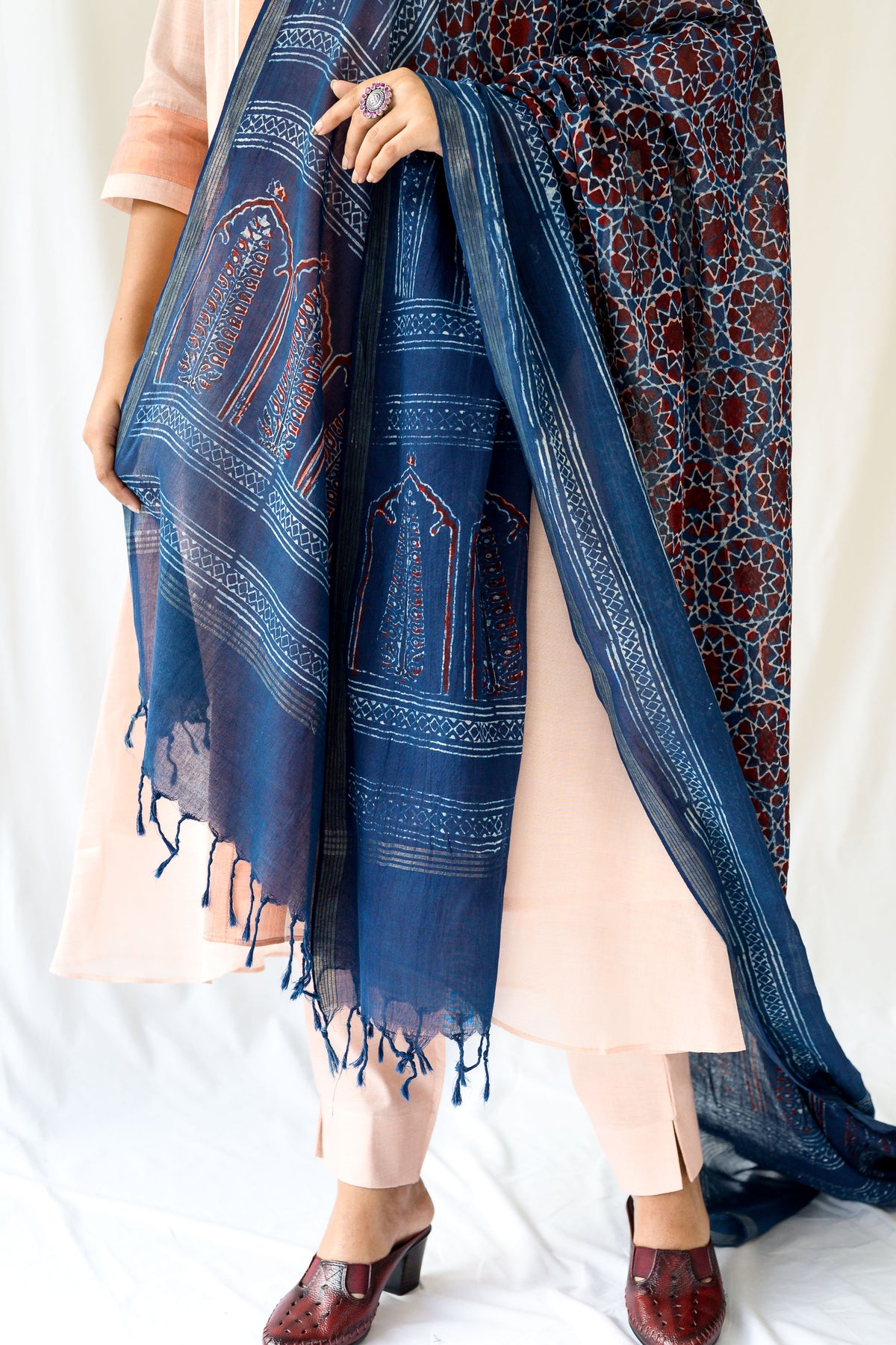 Dark Indigo Pine Florals Ajrakh Cotton Dupatta