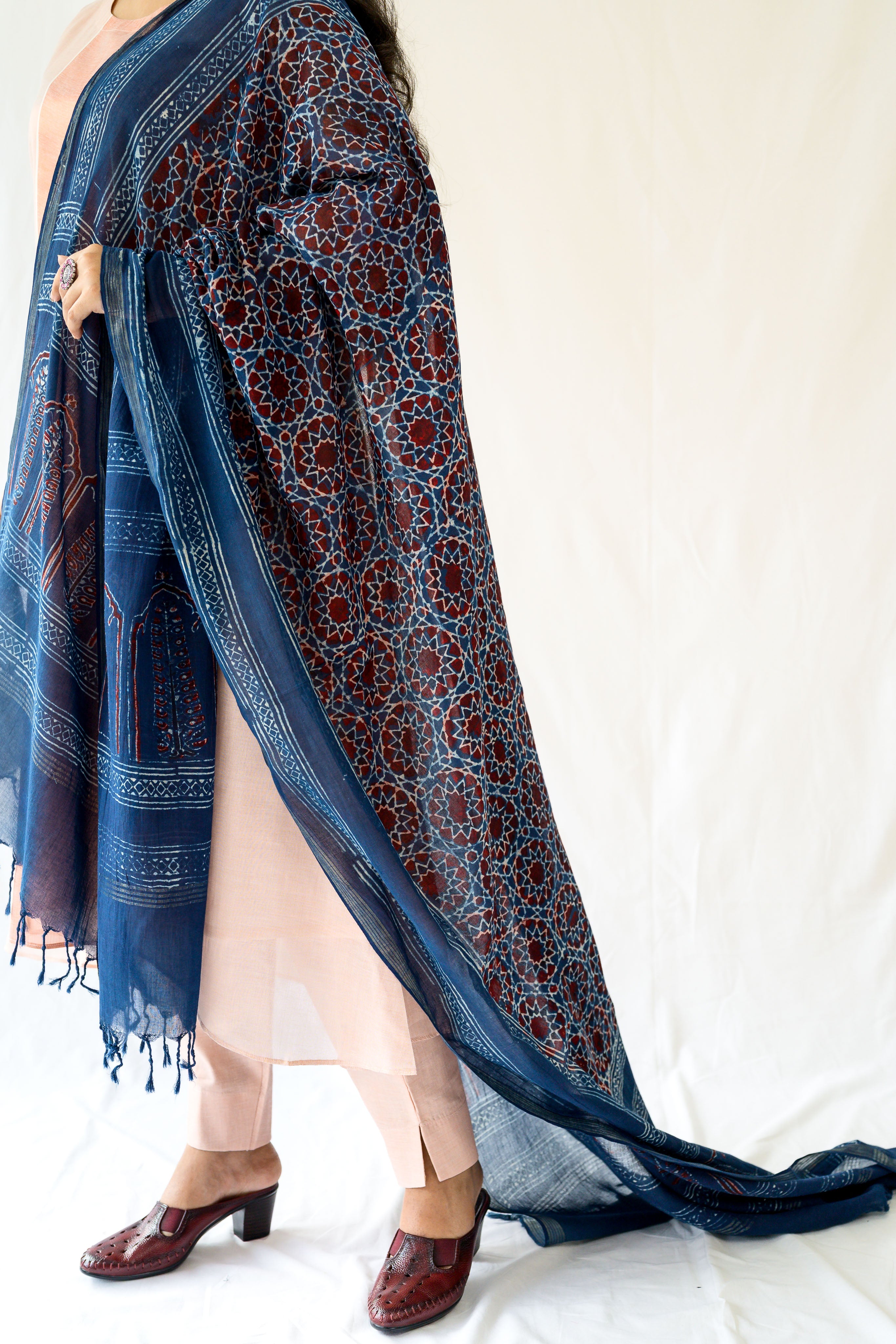 Dark Indigo Pine Florals Ajrakh Cotton Dupatta