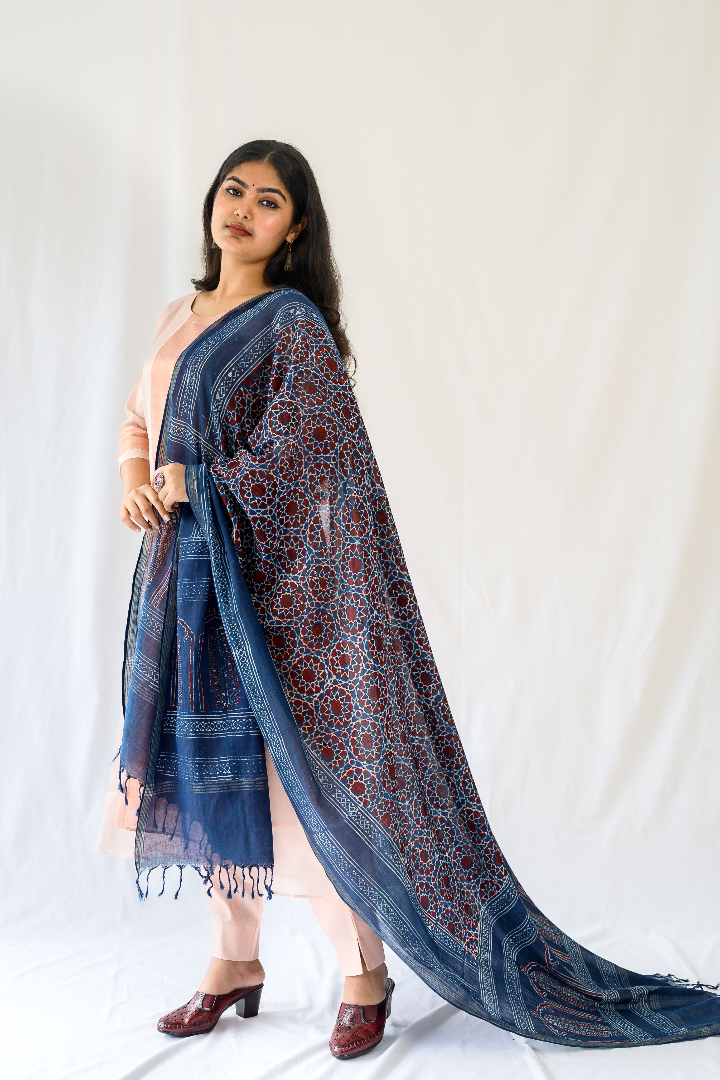 Dark Indigo Pine Florals Ajrakh Cotton Dupatta