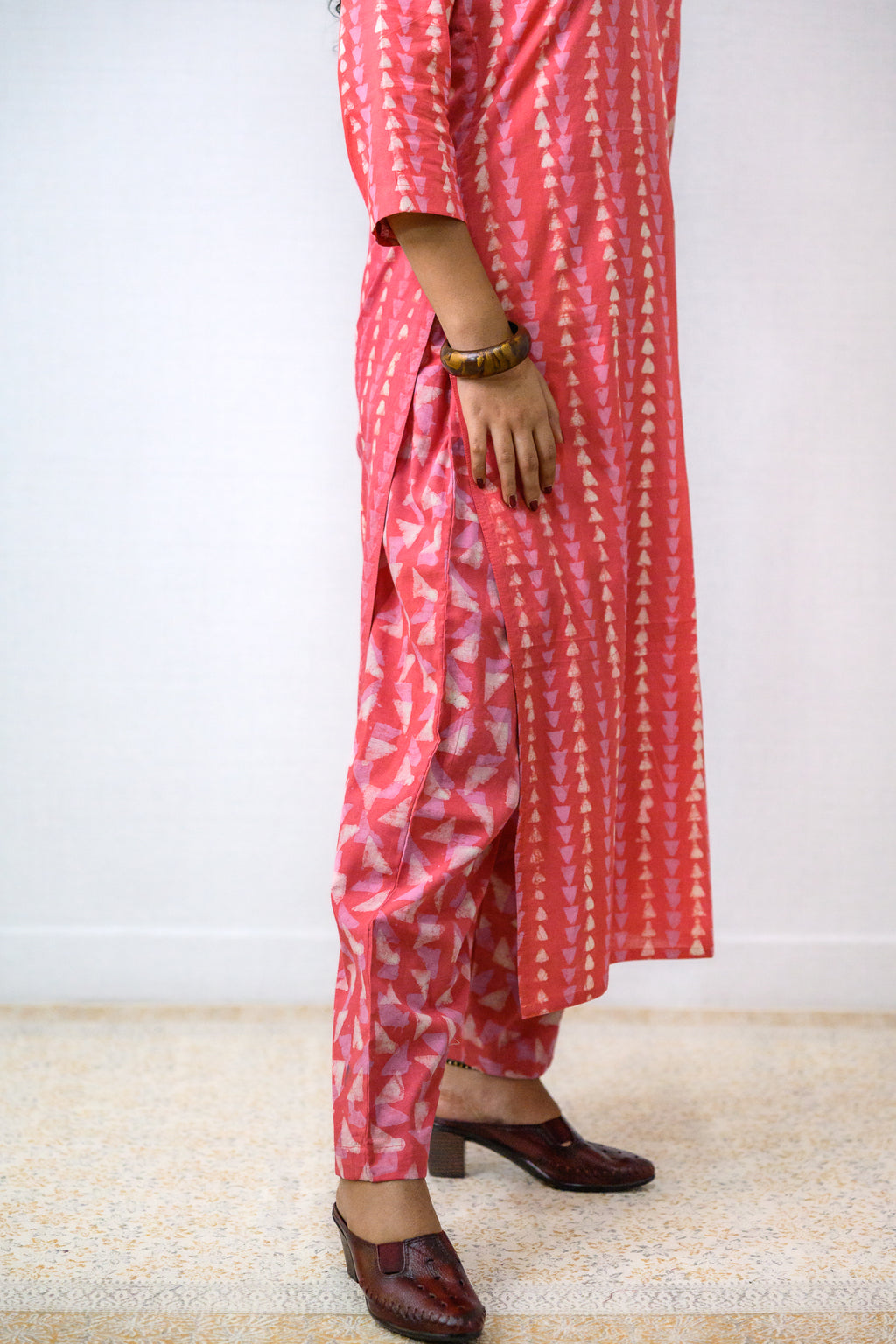 Set of 2- Peach Pink Bagru Straight Kurta & Pants