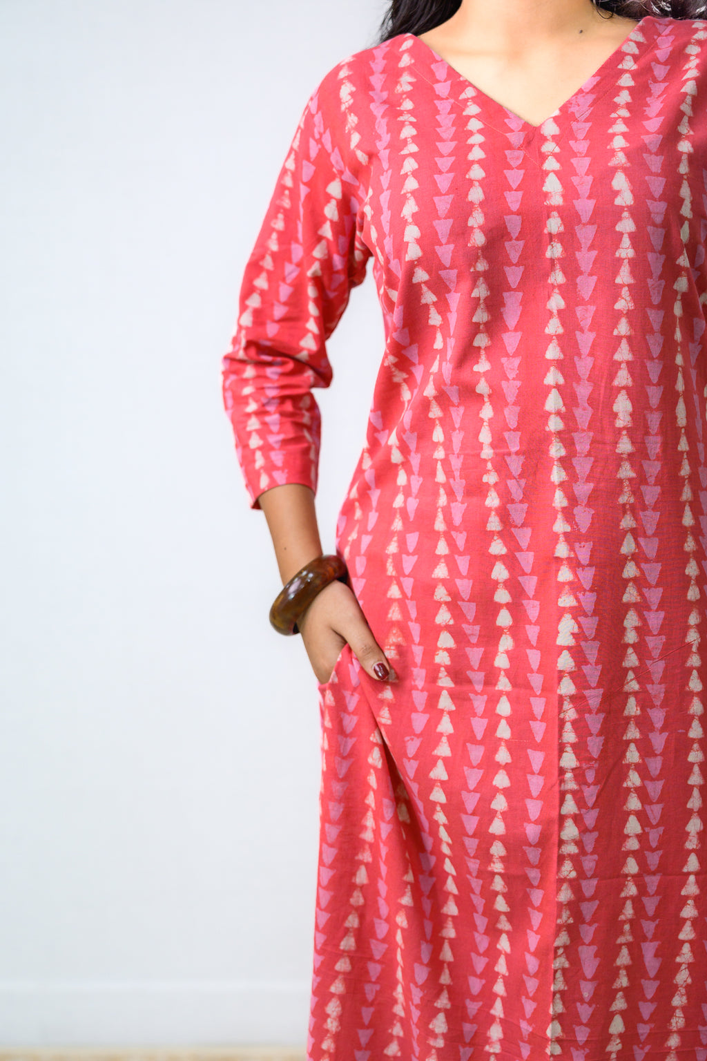 Set of 2- Peach Pink Bagru Straight Kurta & Pants