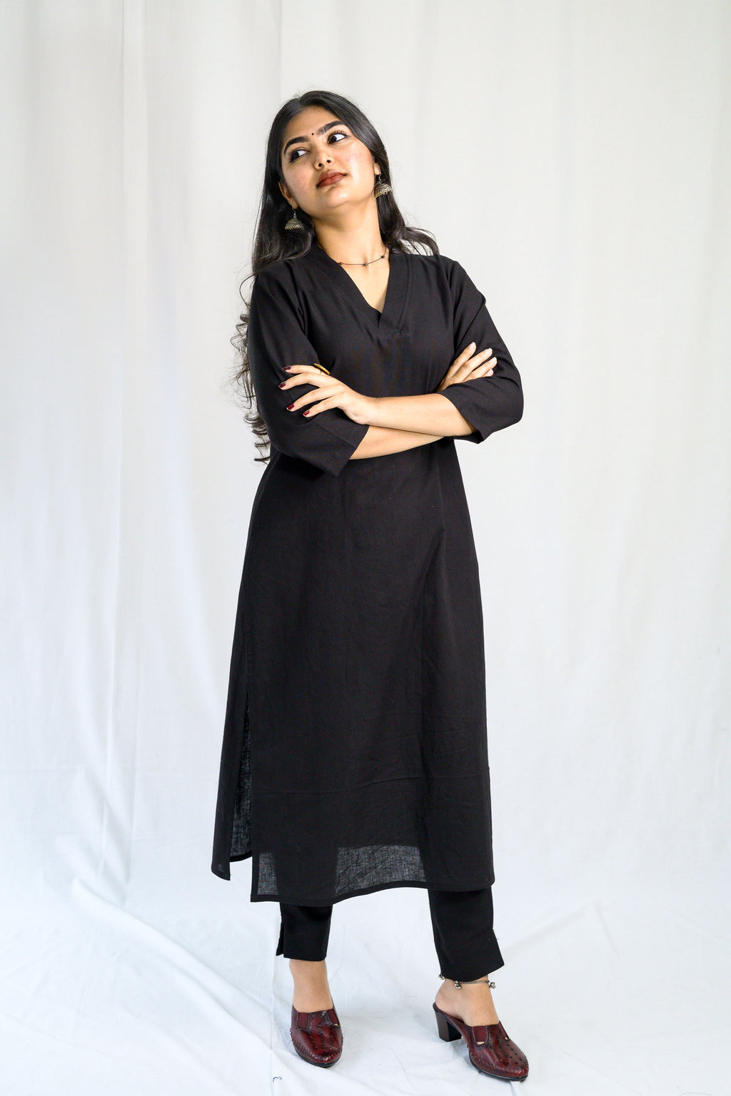 Black Cotton Flax Collar Neck Kurta