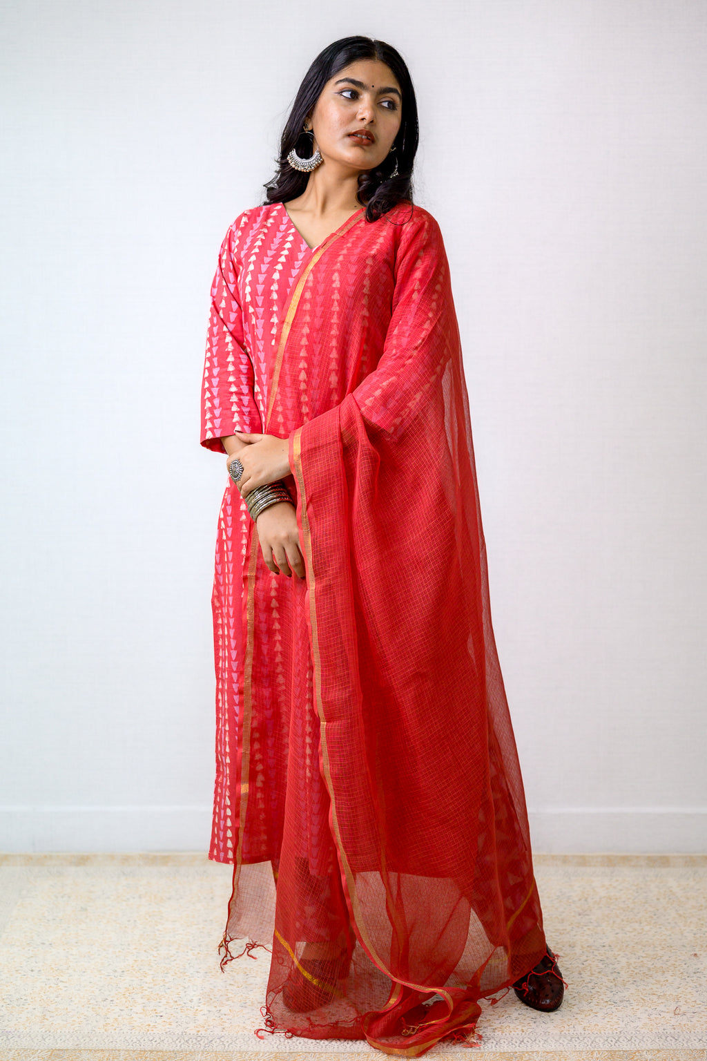 Set of 2- Peach Pink Bagru Straight Kurta & Pants