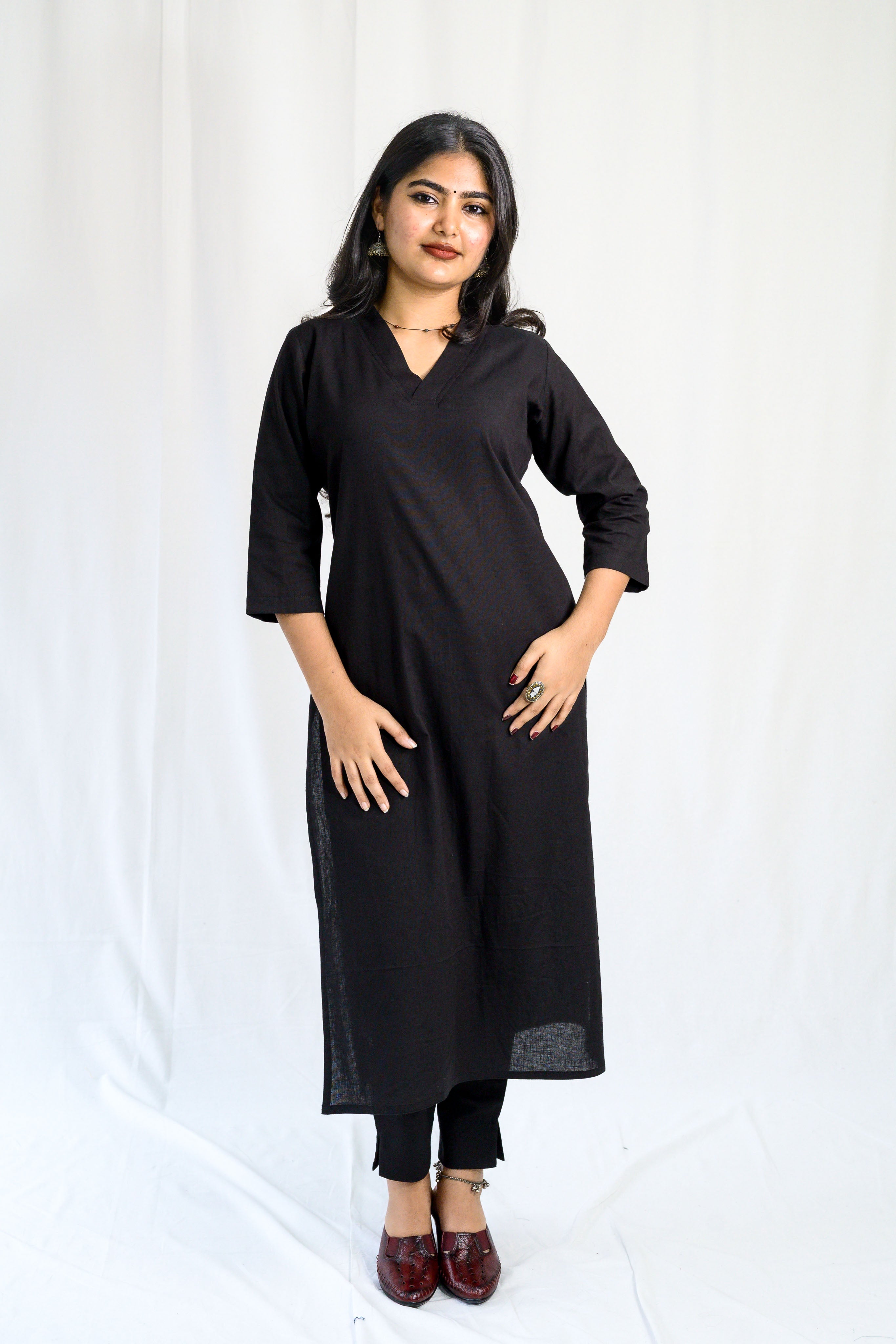 Black Cotton Flax Collar Neck Kurta