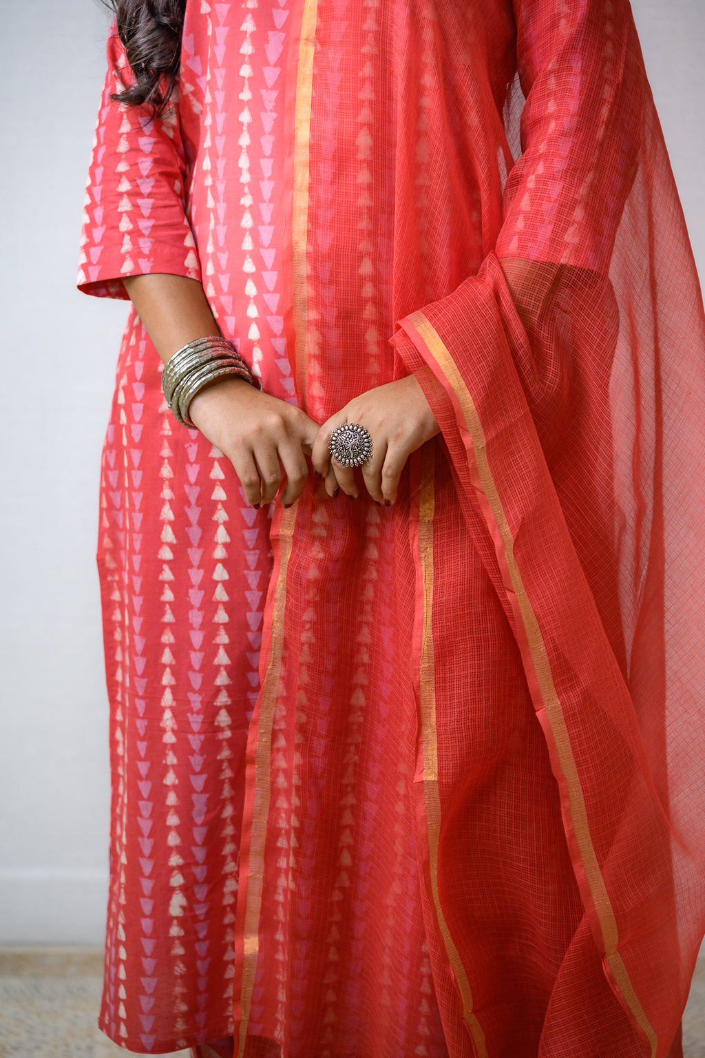Set of 2- Peach Pink Bagru Straight Kurta & Pants