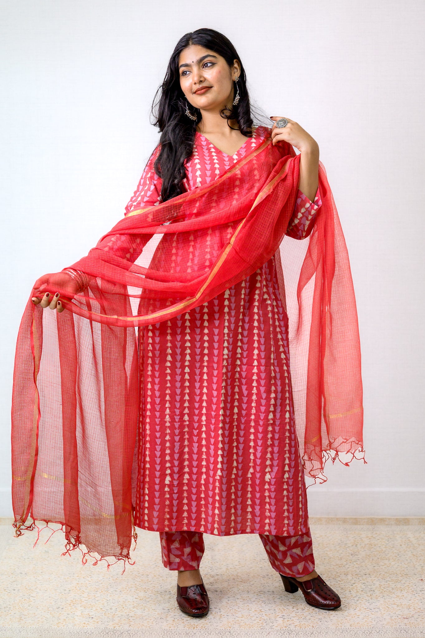 Set of 2- Peach Pink Bagru Straight Kurta & Pants