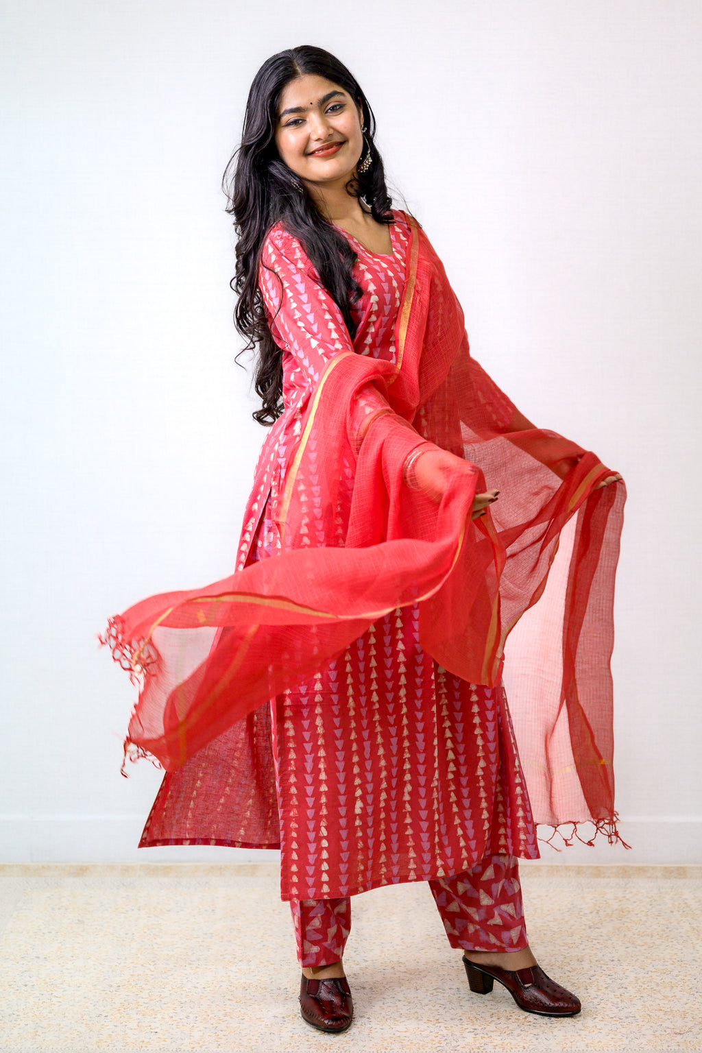 Set of 2- Peach Pink Bagru Straight Kurta & Pants