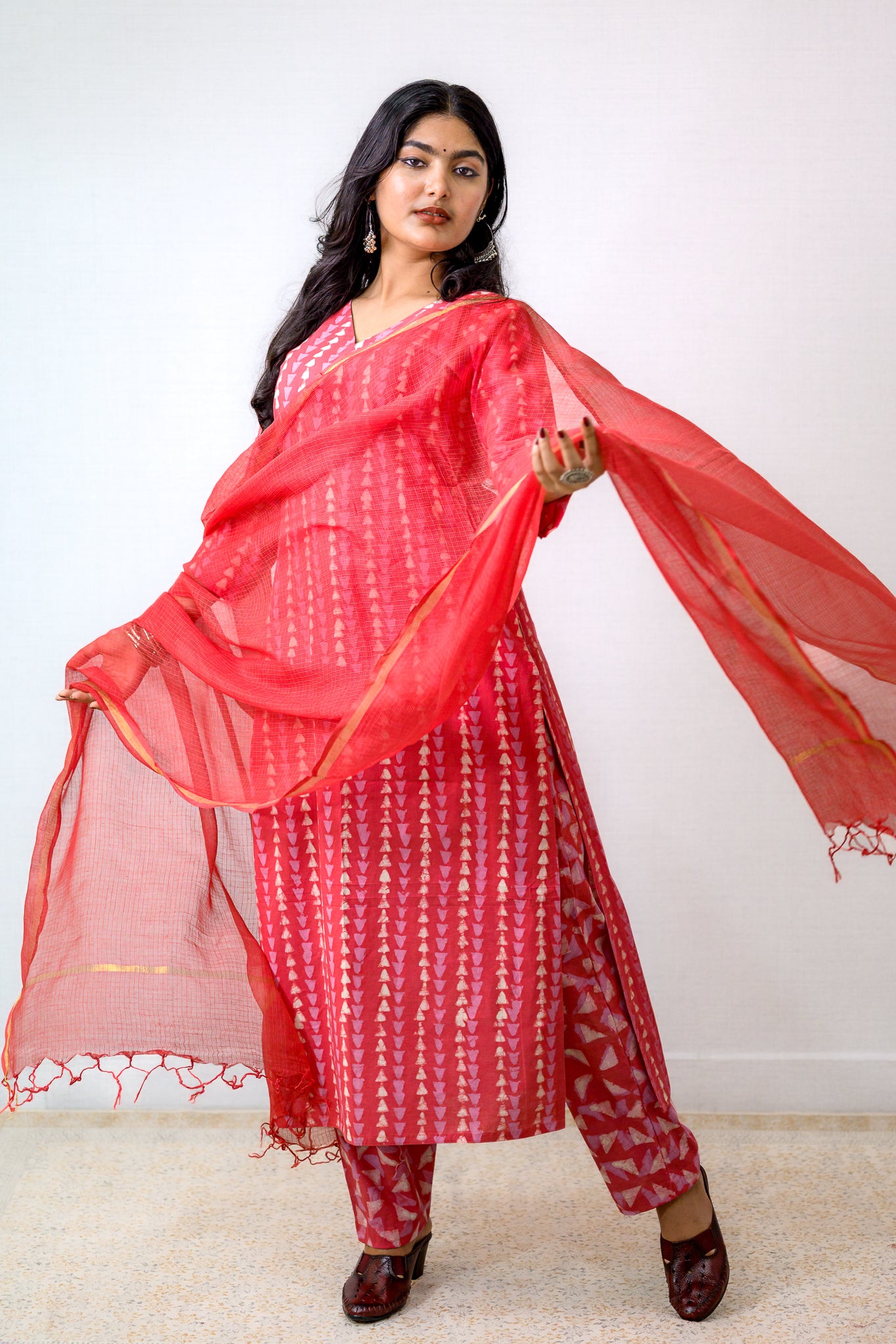 Set of 2- Peach Pink Bagru Straight Kurta & Pants