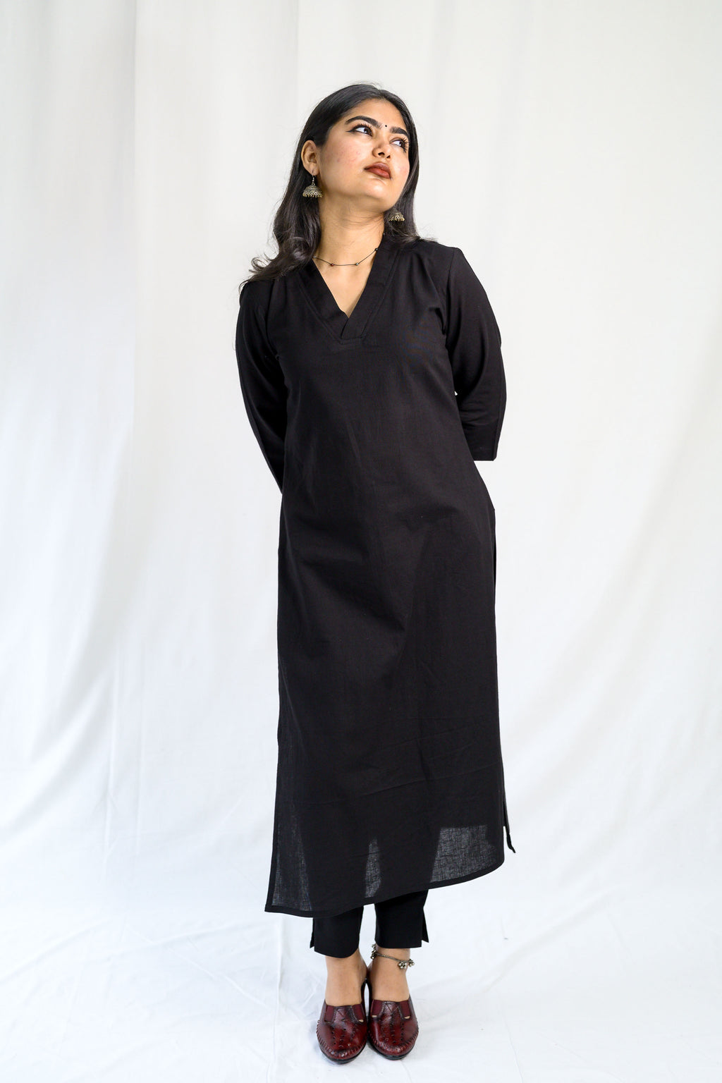 Black Cotton Flax Collar Neck Kurta