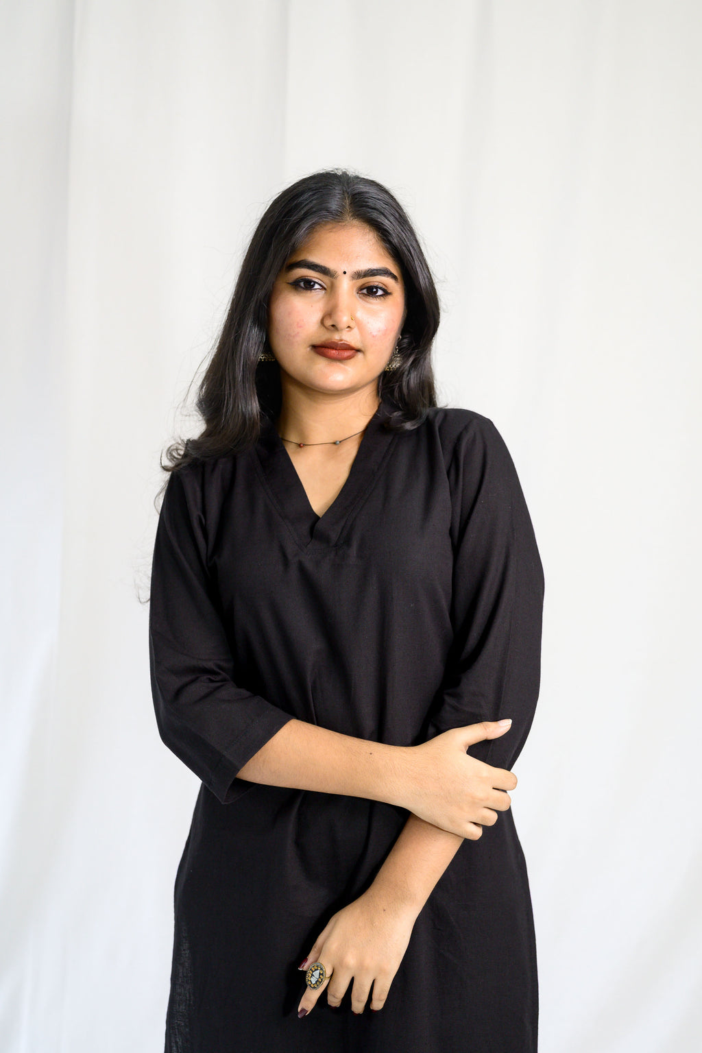 Set of 2- Black Cotton Flax Collar Neck Kurta & Pants Set