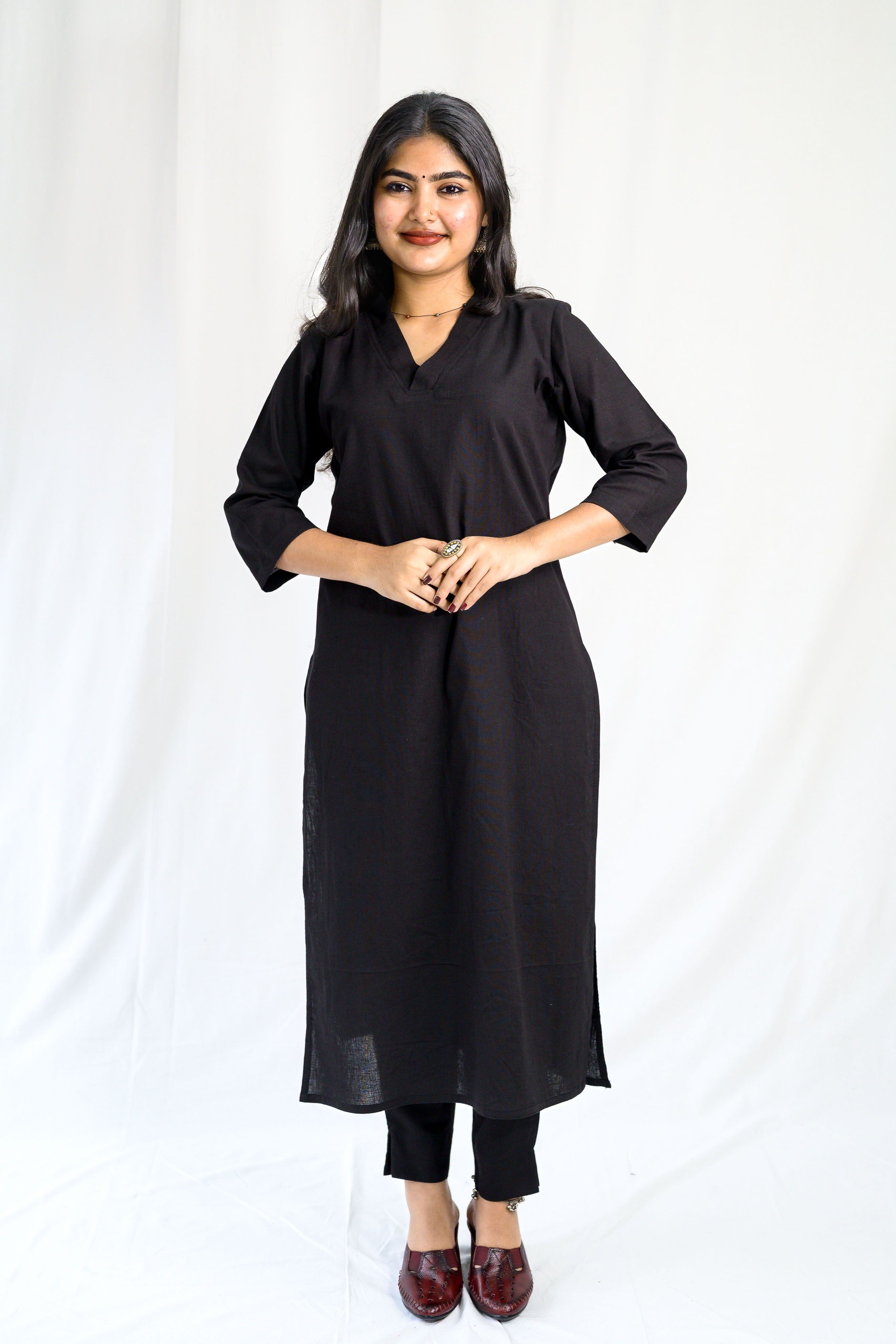 Black Cotton Flax Collar Neck Kurta