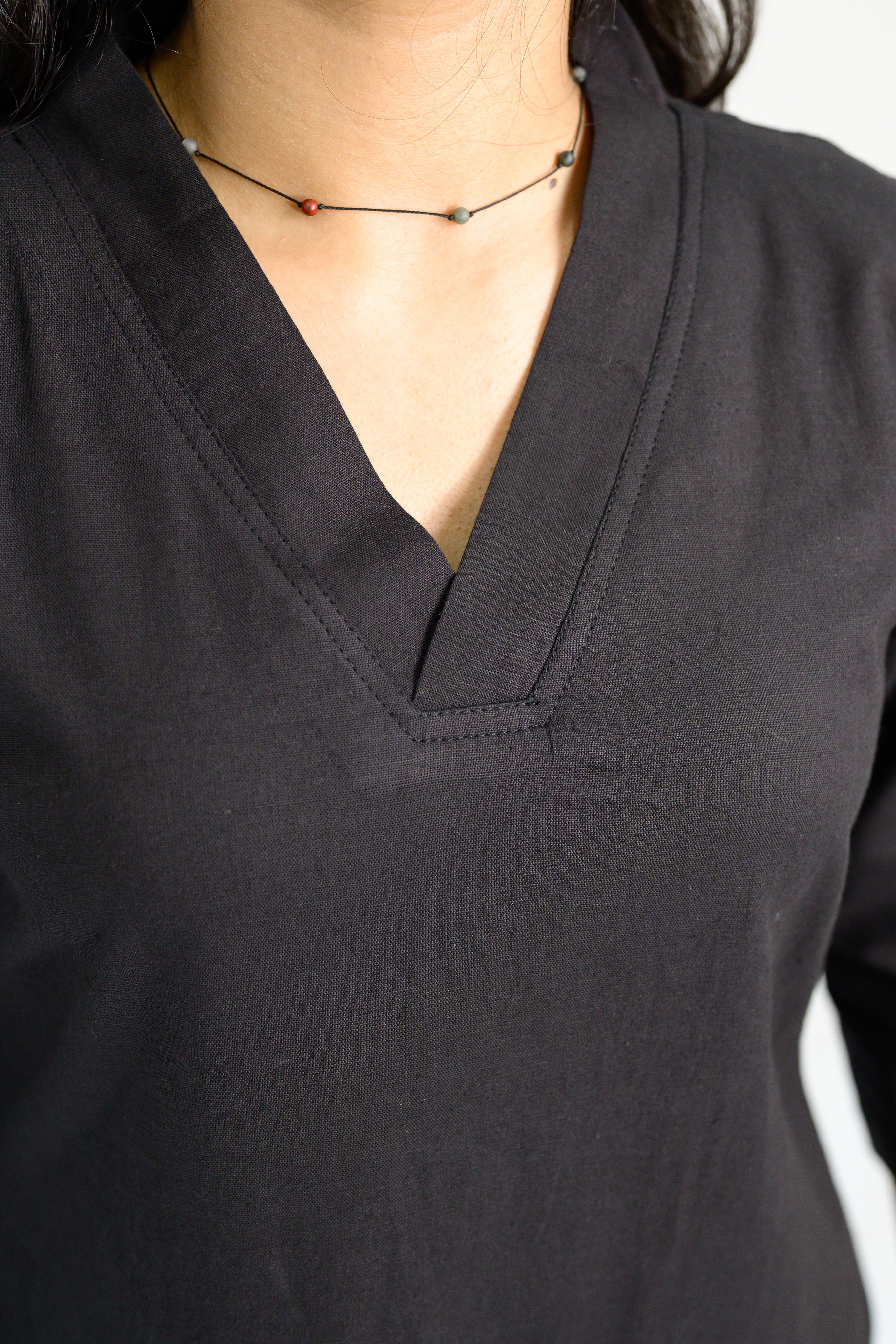 Black Cotton Flax Collar Neck Kurta