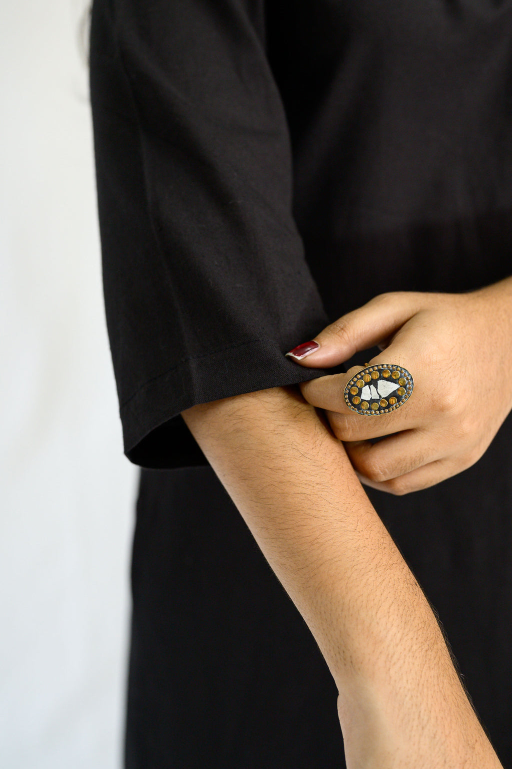 Black Cotton Flax Collar Neck Kurta