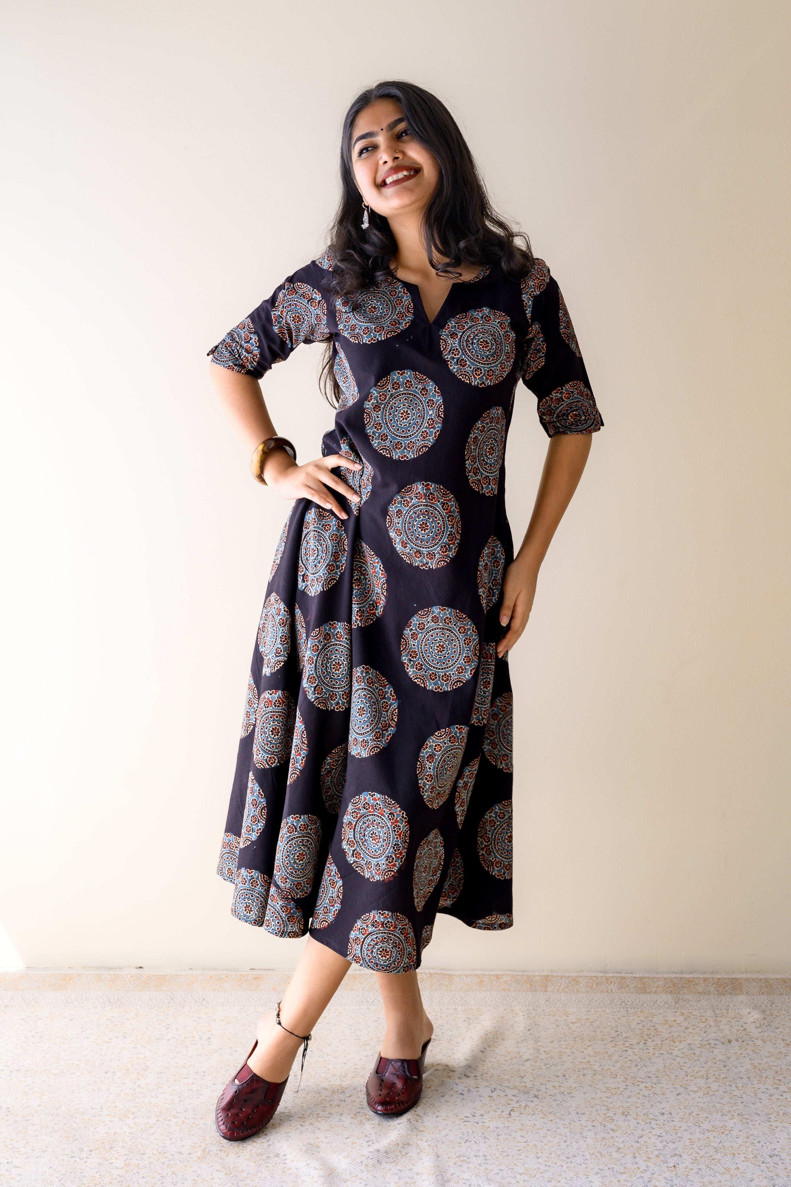 Mandala Noir Ajrakh Cotton Cross Cut Dress with Pockets- Lobha Deepthis