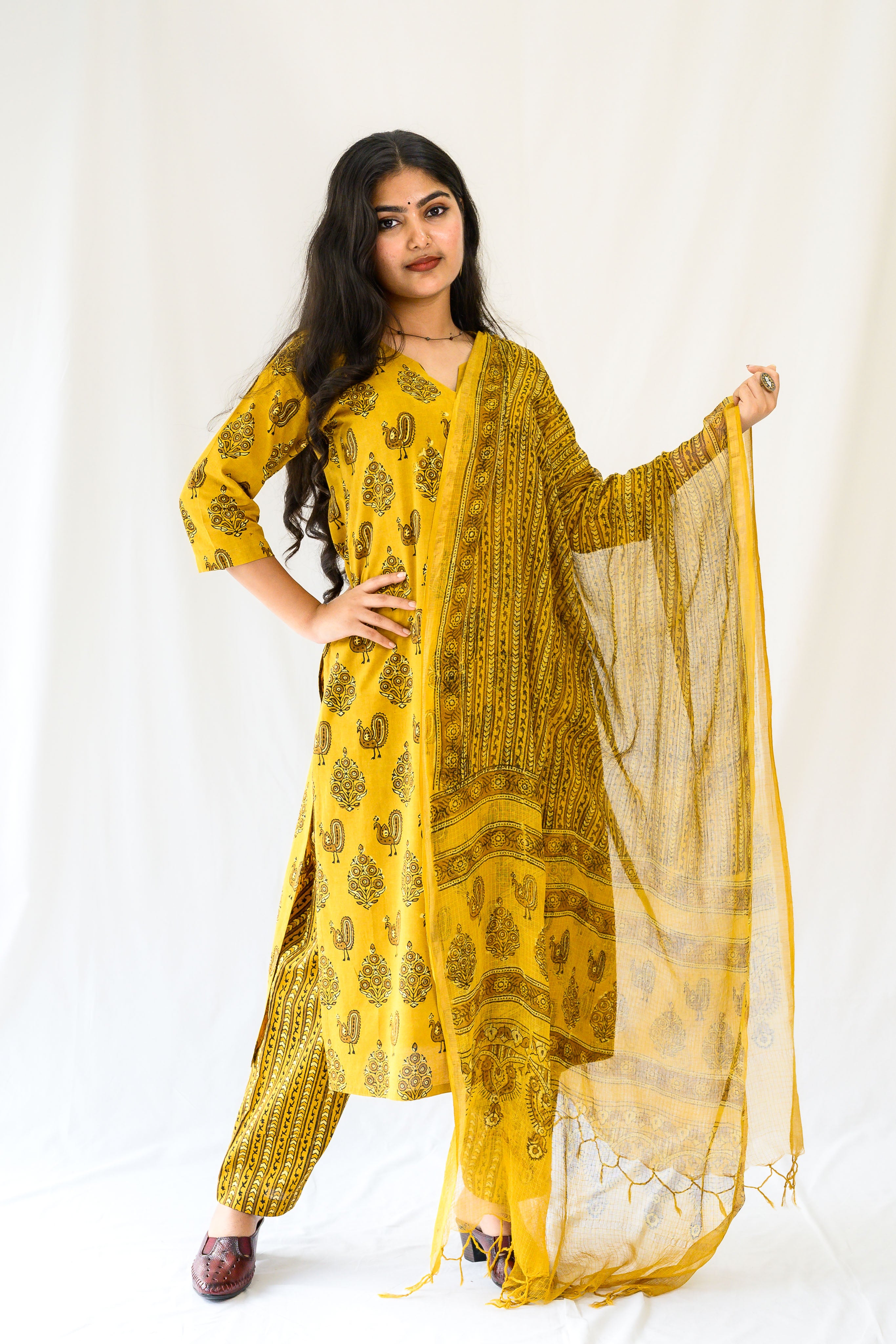 Hemali Handblock Printed Ajrakh Kota Doria Dupatta
