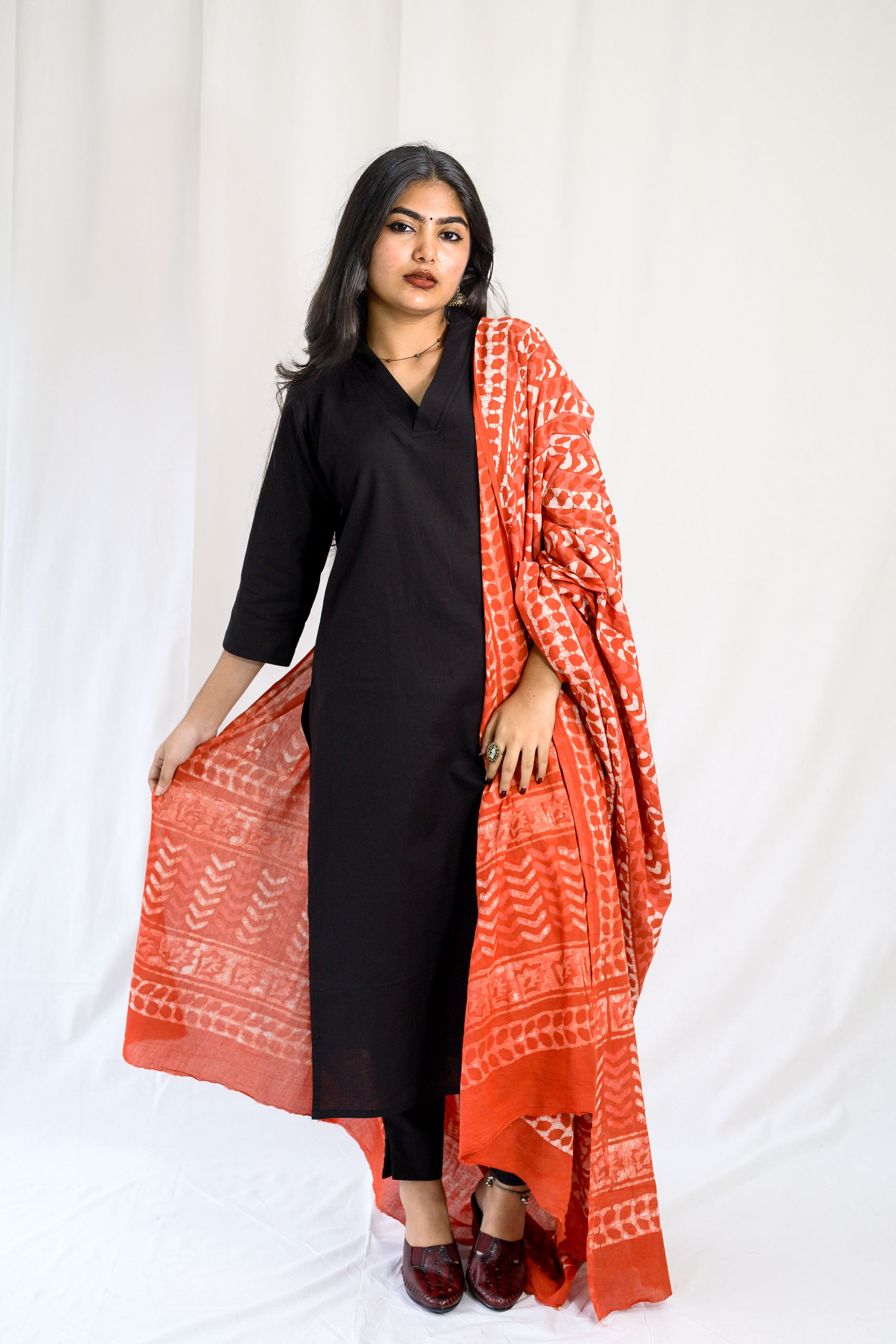 Black Cotton Flax Collar Neck Kurta