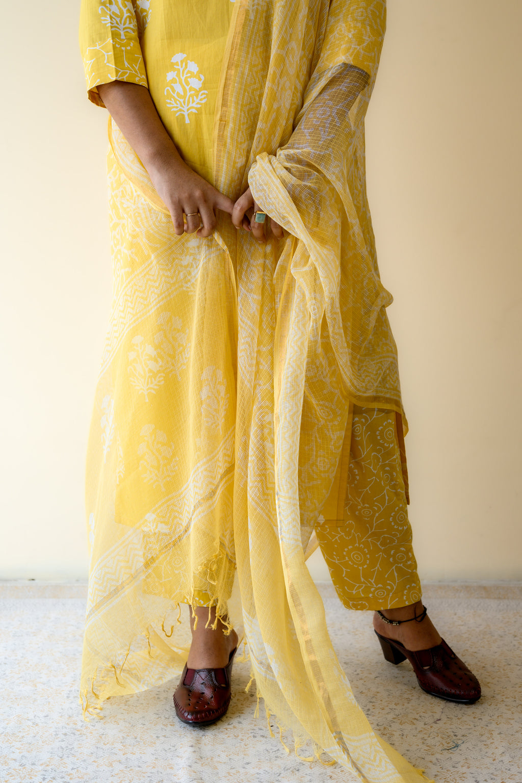 Set of 2- Jamanthi on Yellow Sanganeri Collar Kurta & Pants Set