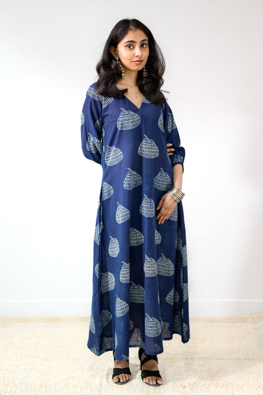 Jaali Blooms Indigo Dabu Cotton Dress