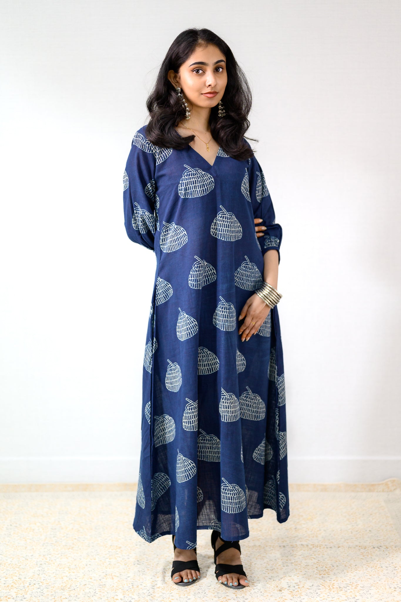 Jaali Blooms Indigo Dabu Cotton Dress