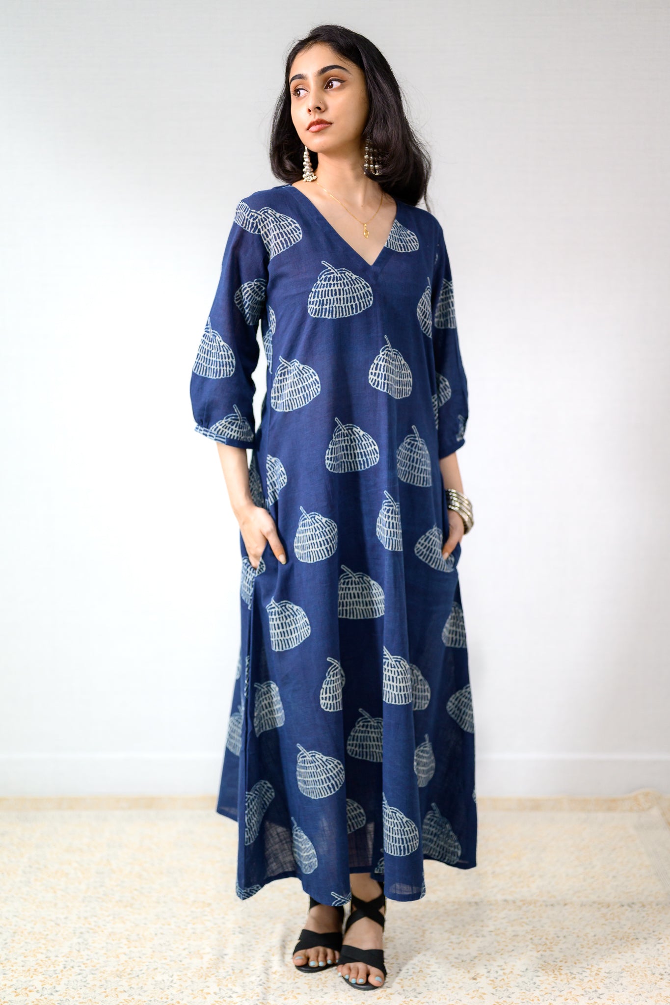 Jaali Blooms Indigo Dabu Cotton Dress