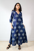 Jaali Blooms Indigo Dabu Cotton Dress