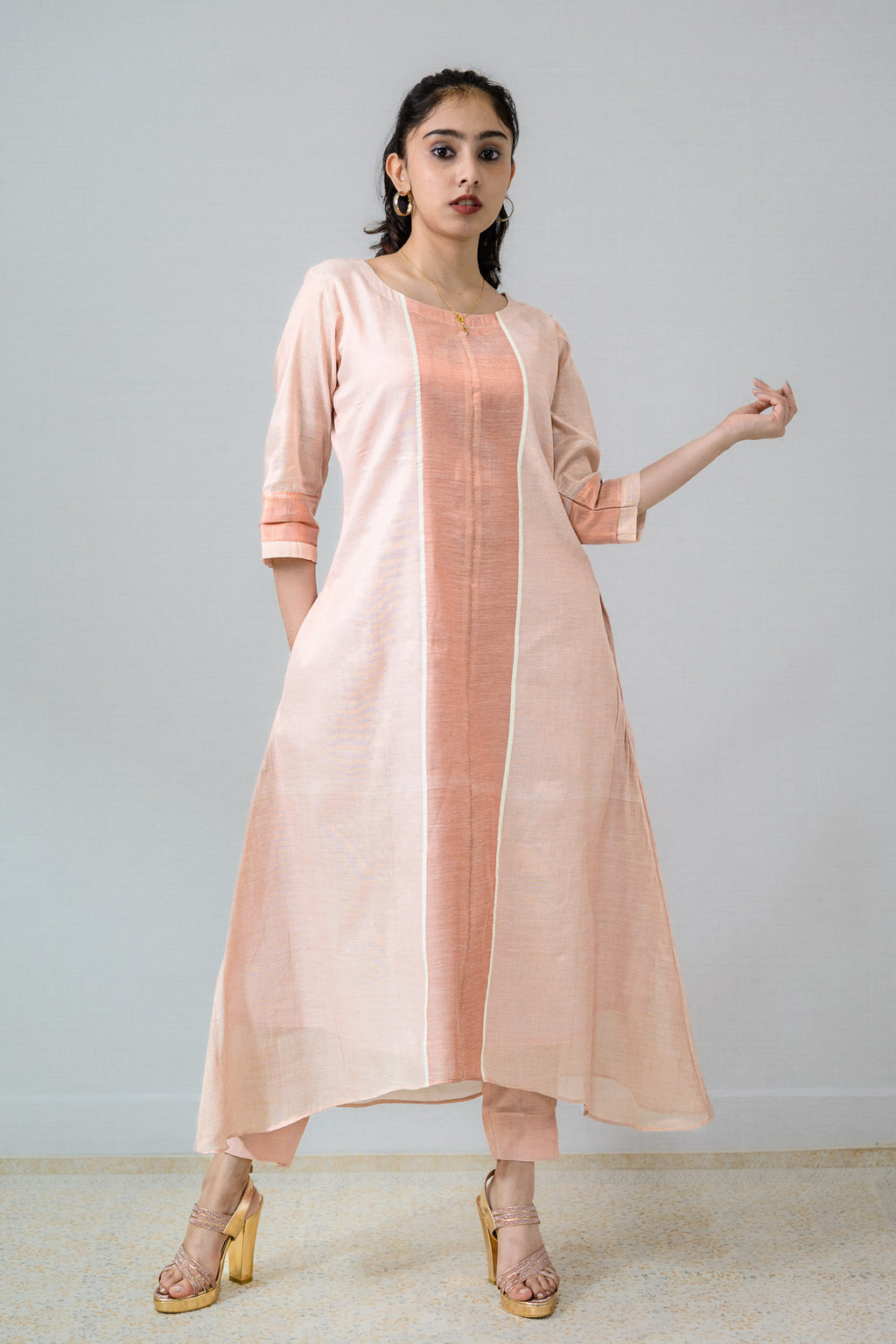 Kasavu Elegance Copper Tissue High Low Kurta