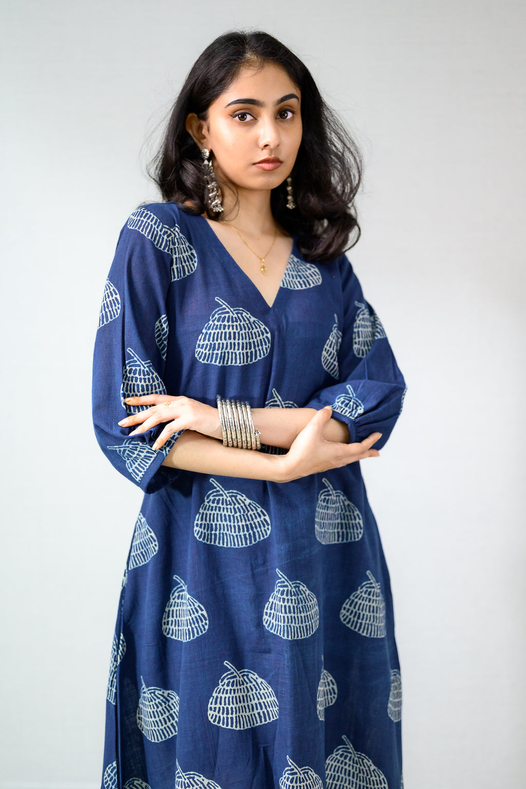 Jaali Blooms Indigo Dabu Cotton Dress