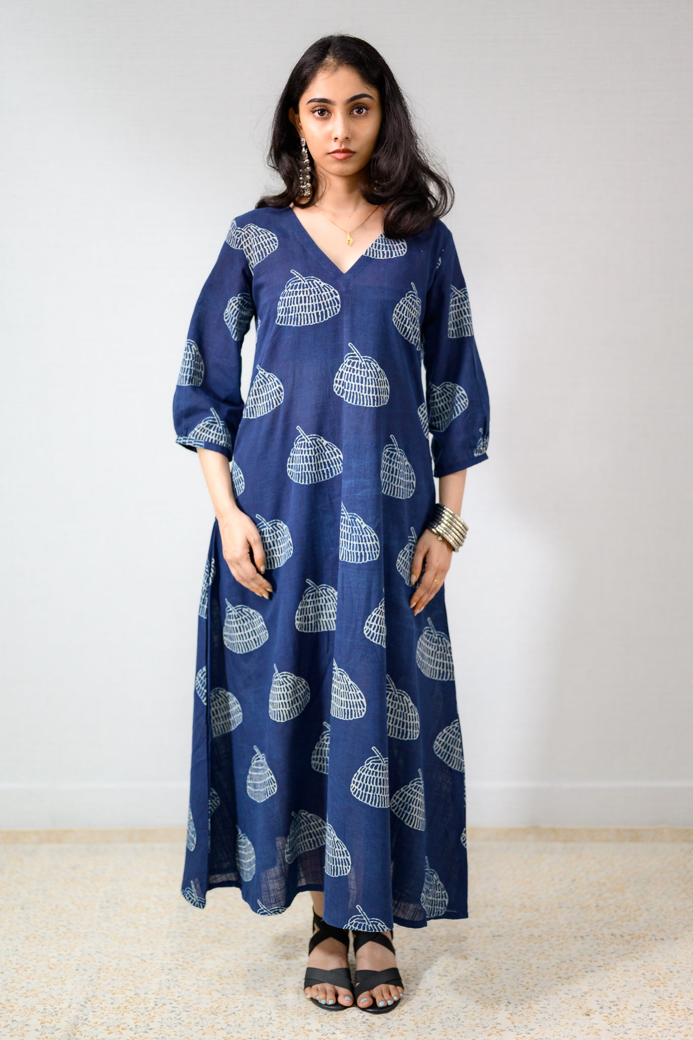 Jaali Blooms Indigo Dabu Cotton Dress