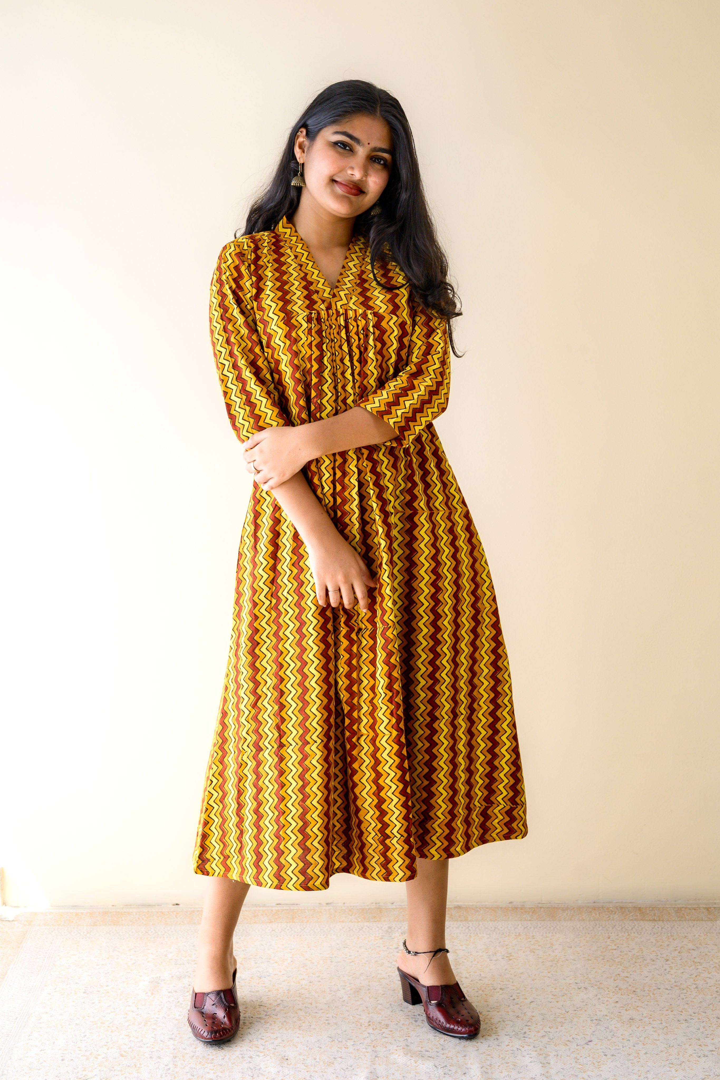 Kanika Ajrakh Stripes Cotton Yellow Dress with Pockets- Lobha Deepthis Kanika Ajrakh Stripes Cotton Yellow Dress with Pockets- Lobha Deepthis