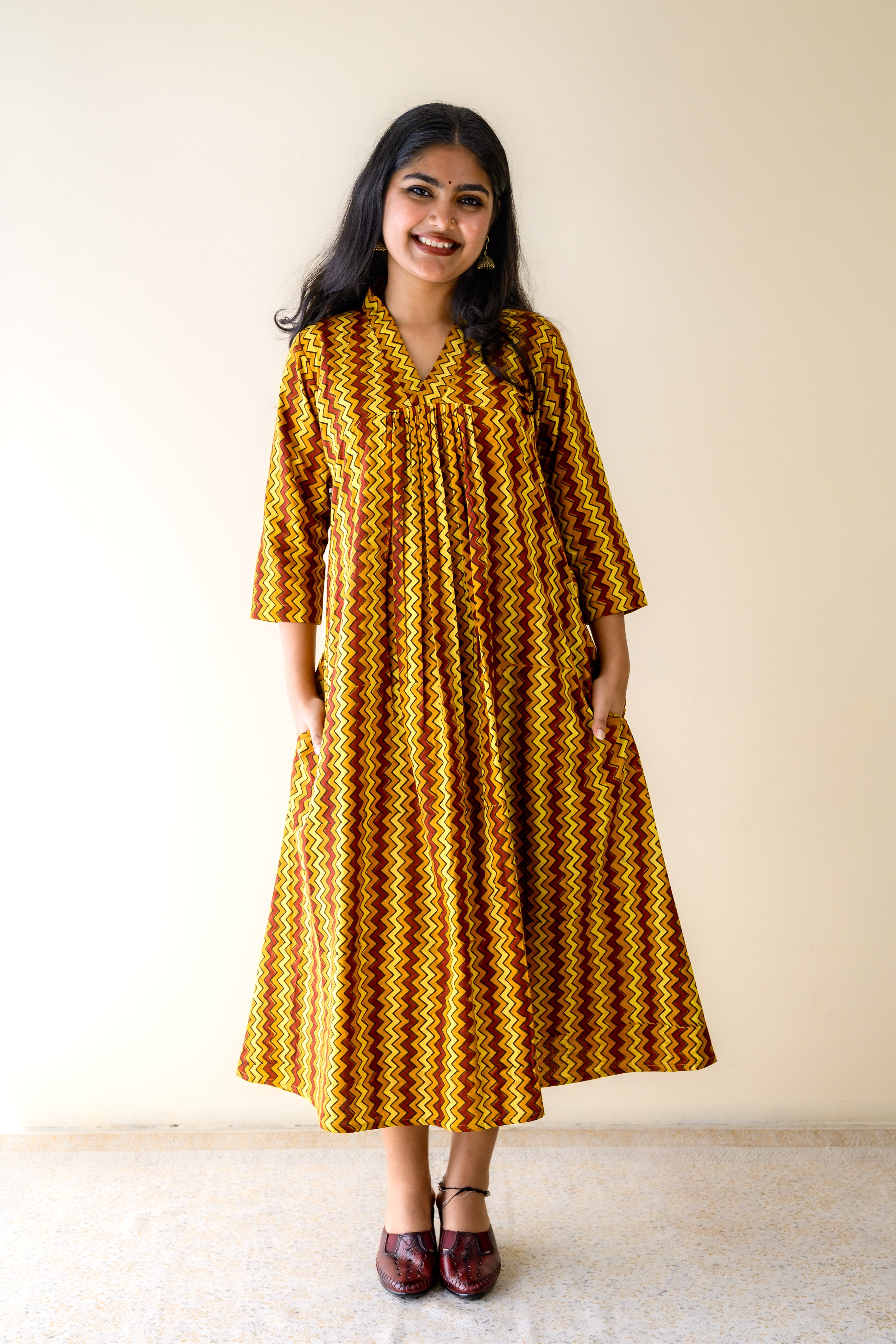Kanika Ajrakh Stripes Cotton Yellow Dress with Pockets- Lobha Deepthis
