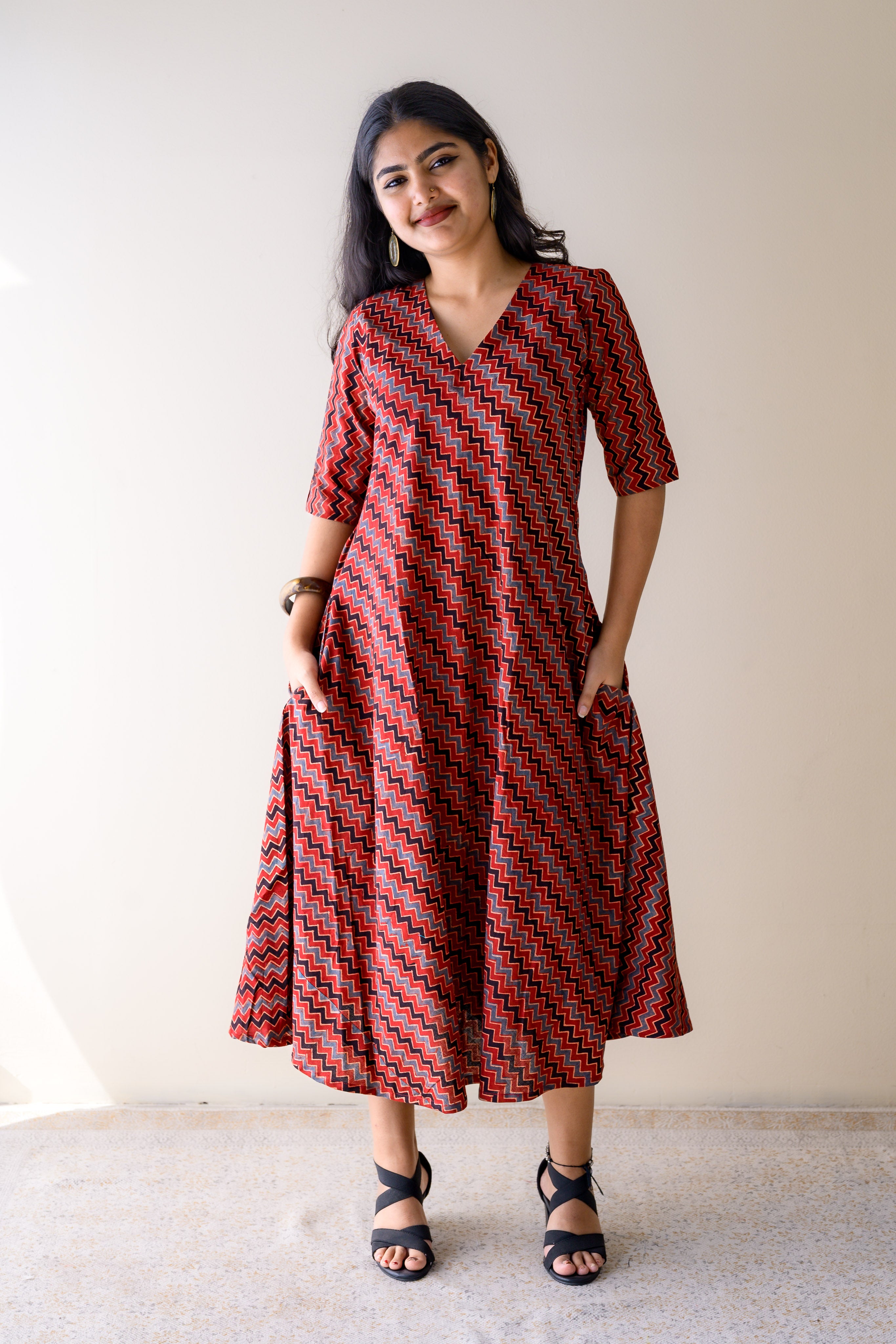 Sangria Ajrakh Stripes Dress