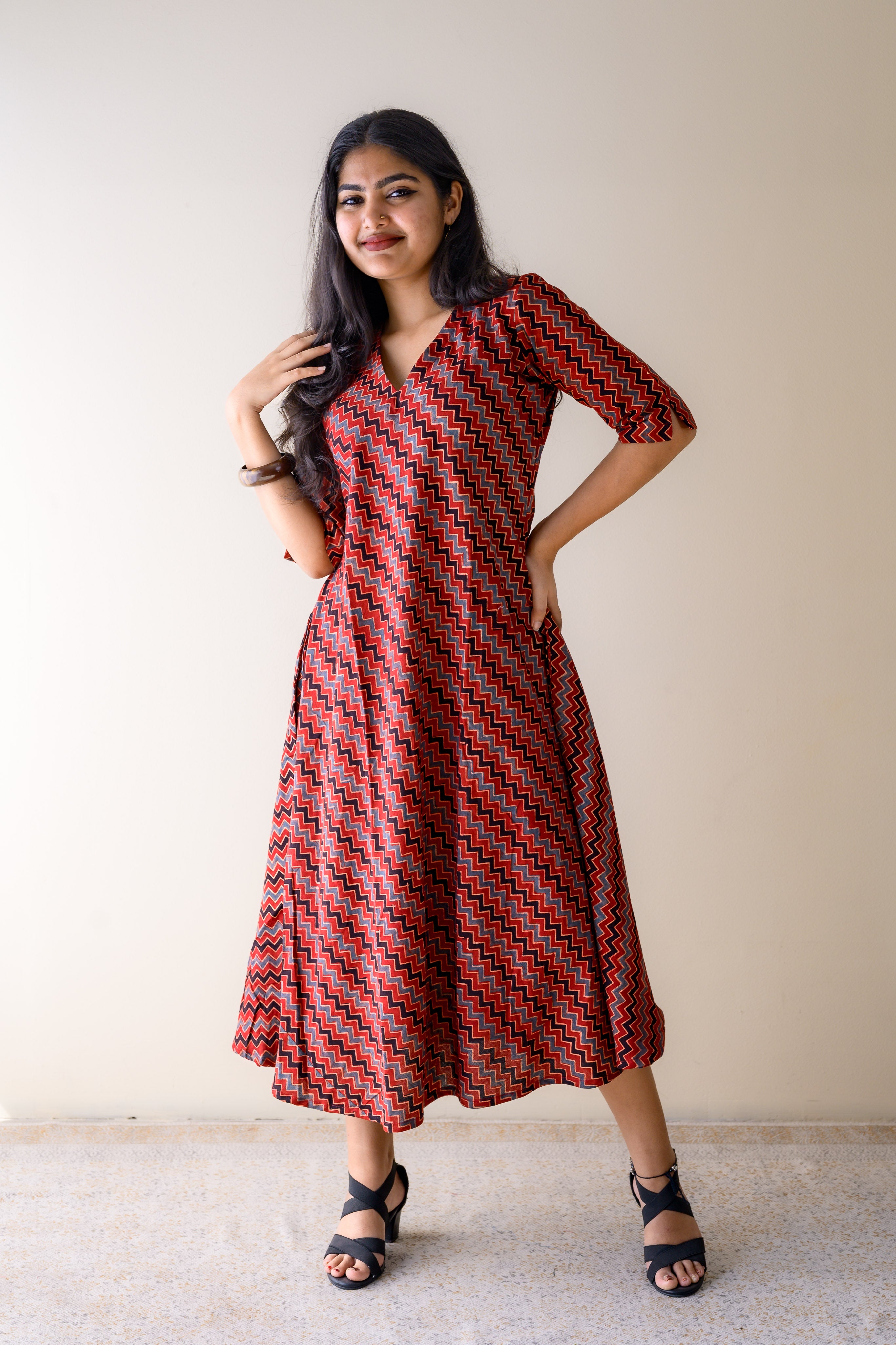 Sangria Ajrakh Stripes Dress