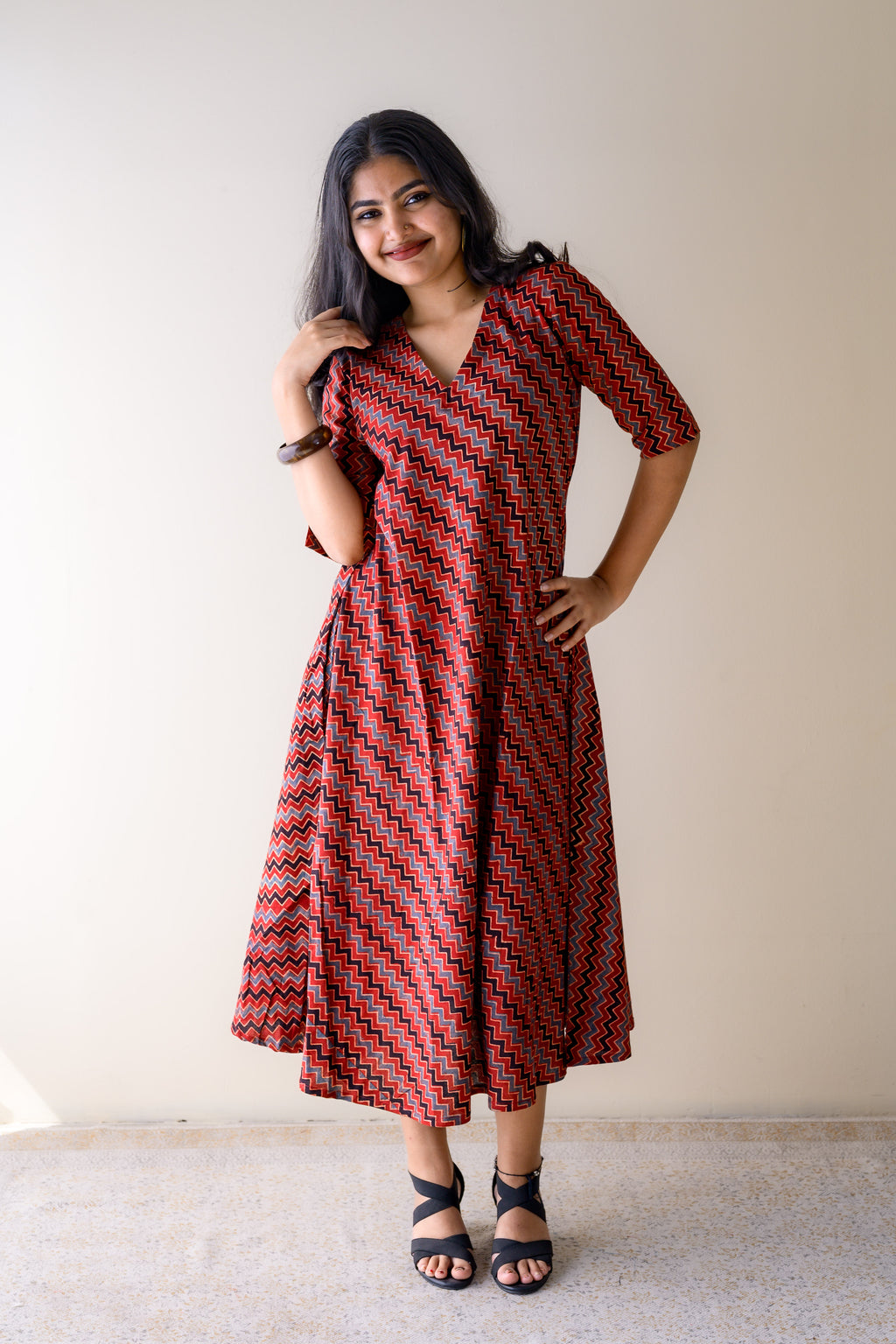 Sangria Ajrakh Stripes Dress