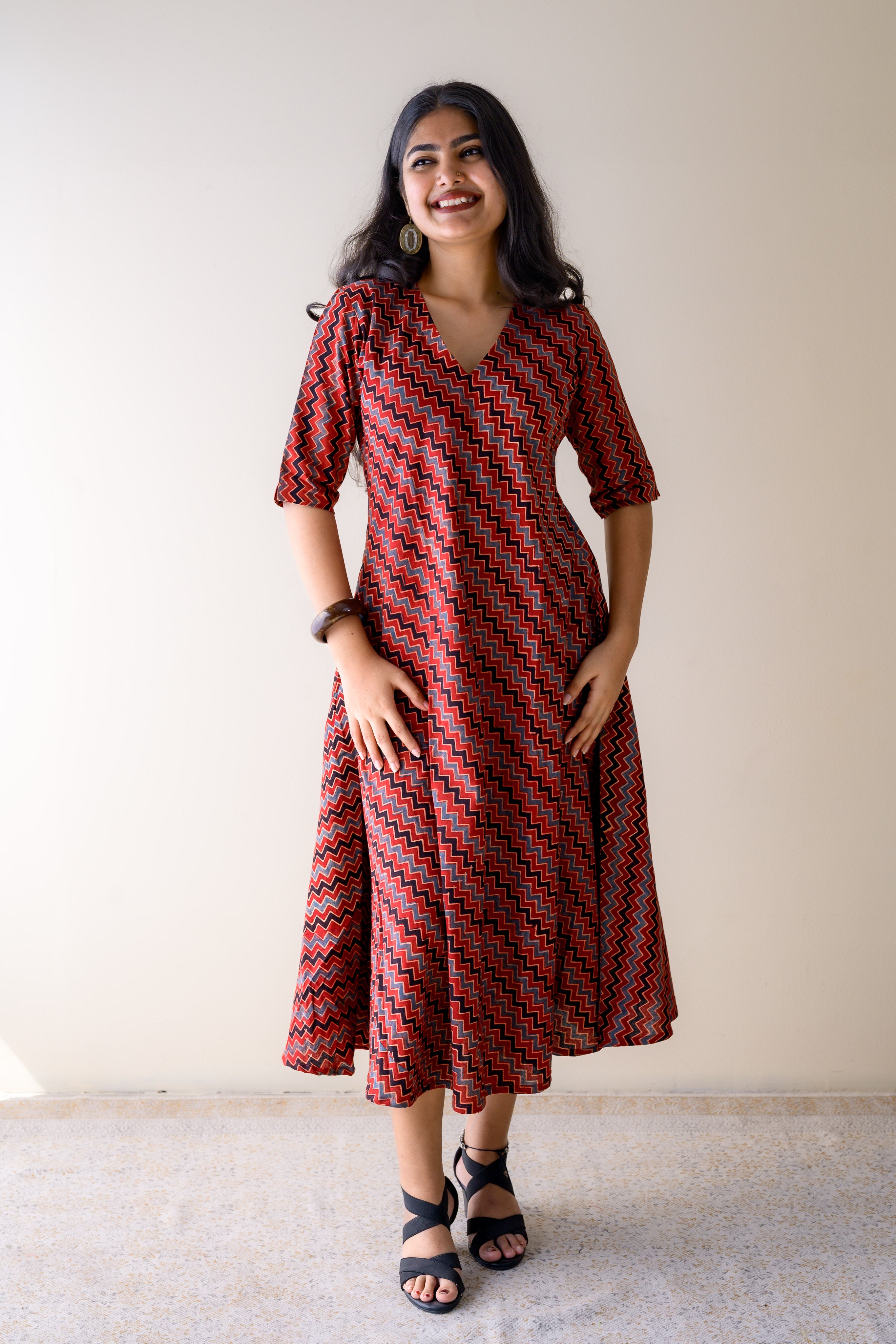 Sangria Ajrakh Stripes Dress