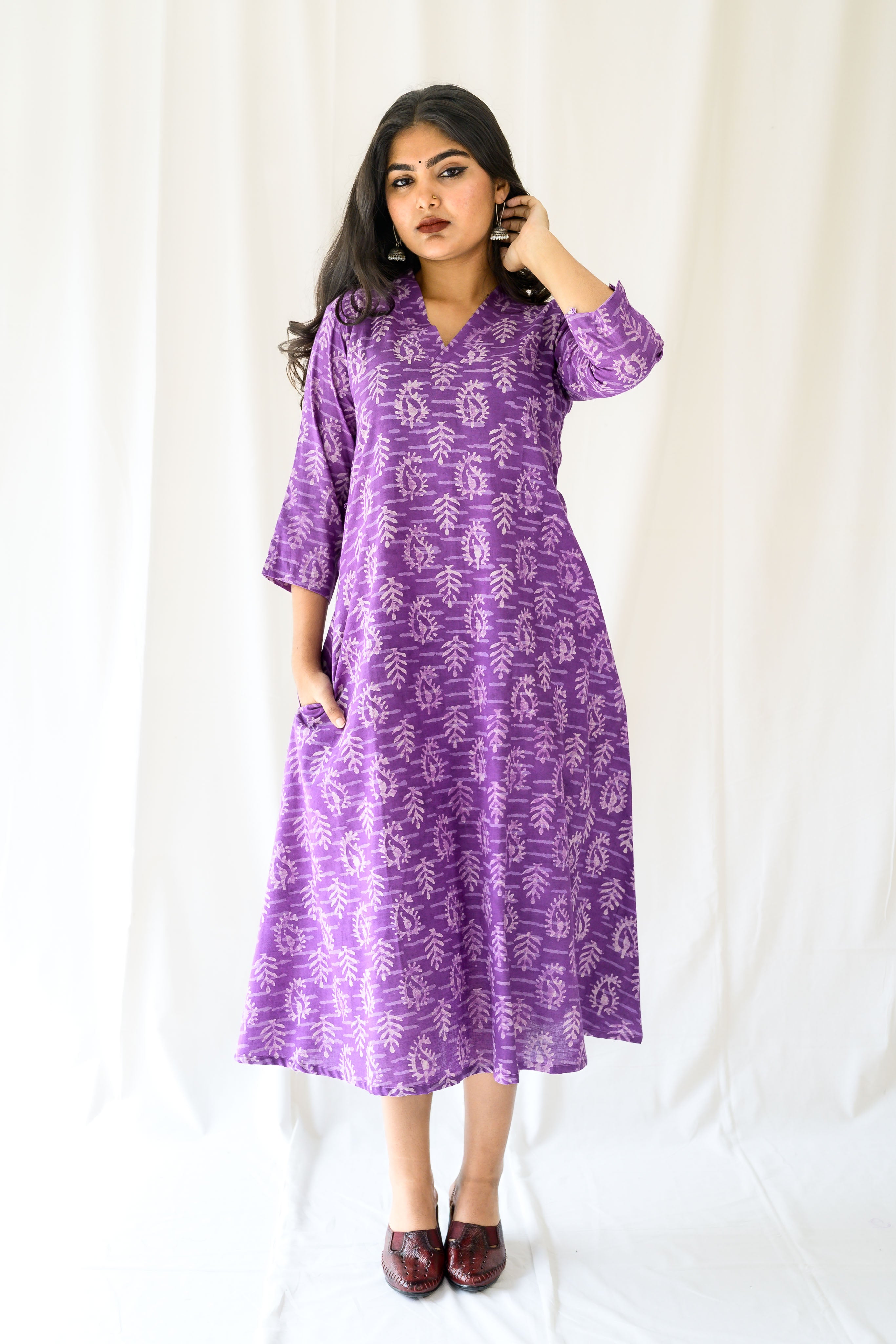 Bloomveil Lavender Dabu Cotton Dress