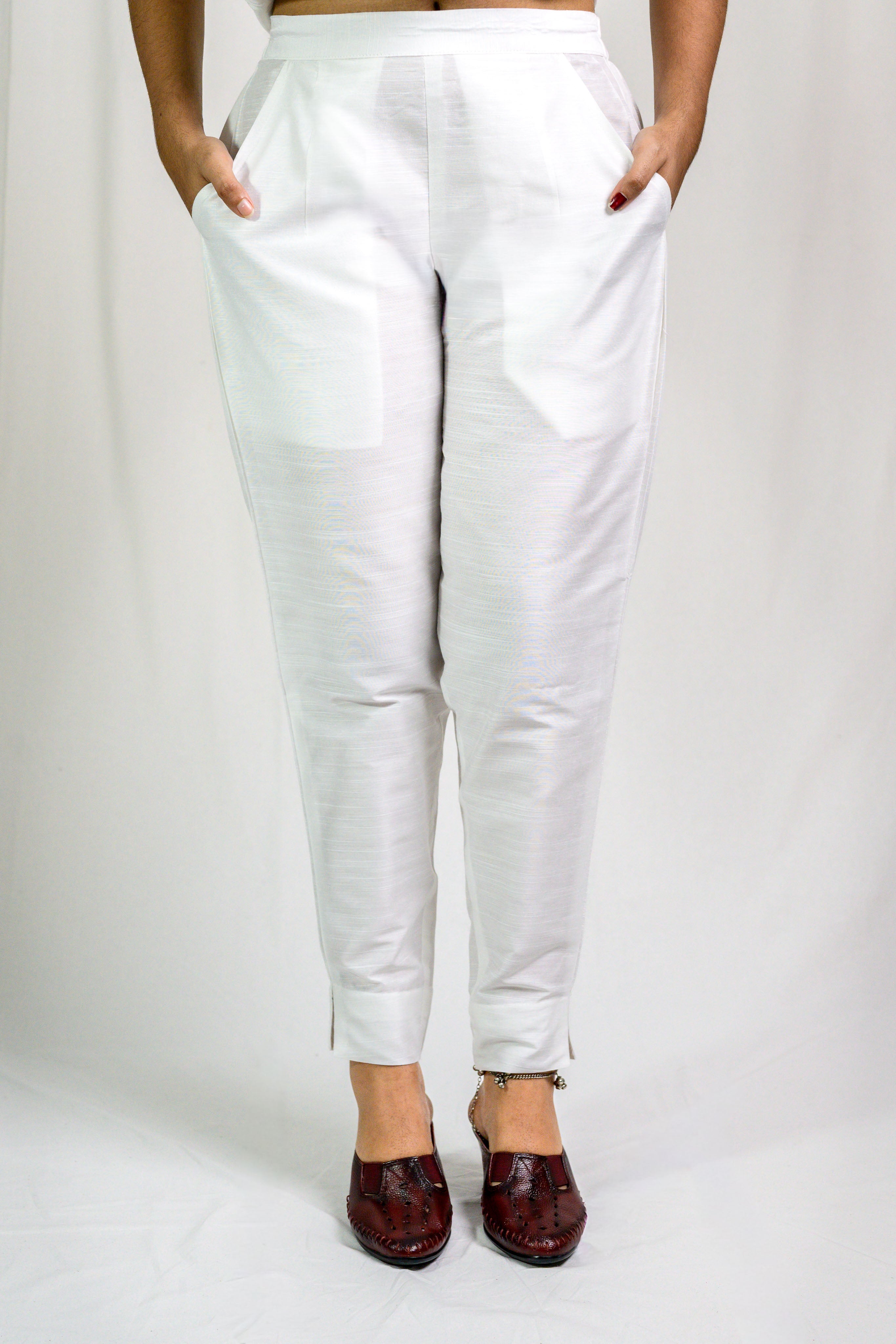 Off White Slub Silk Pencil Pants