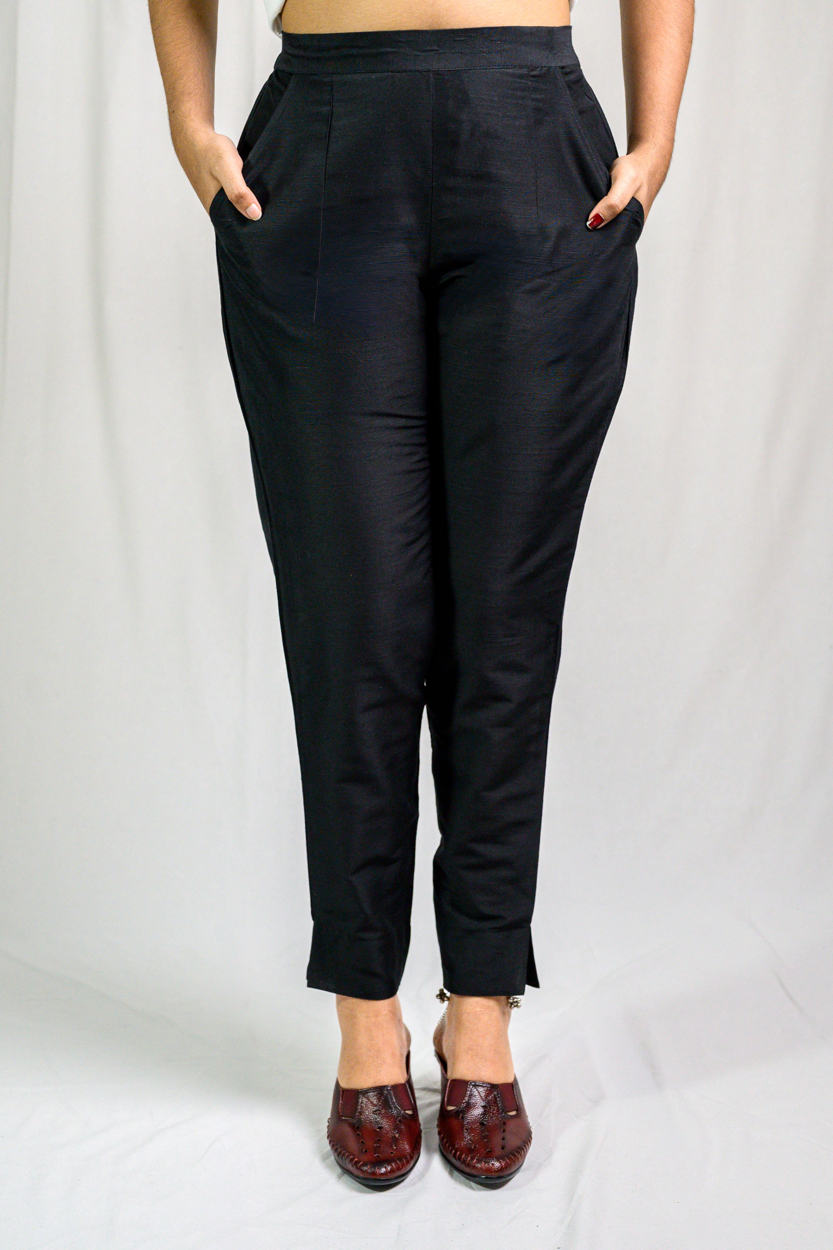 Black Slub Silk Pencil Pants
