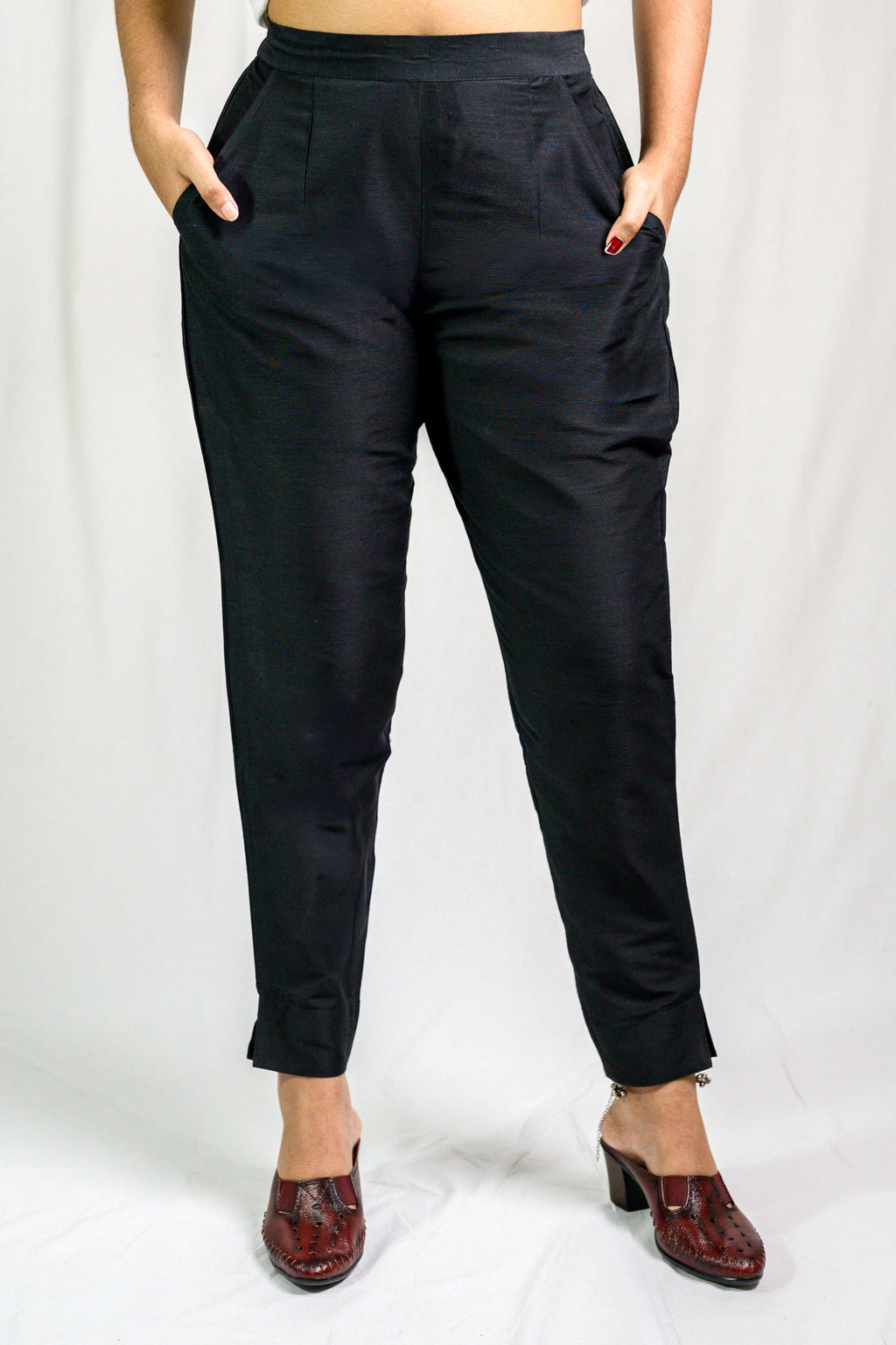 Black Slub Silk Pencil Pants