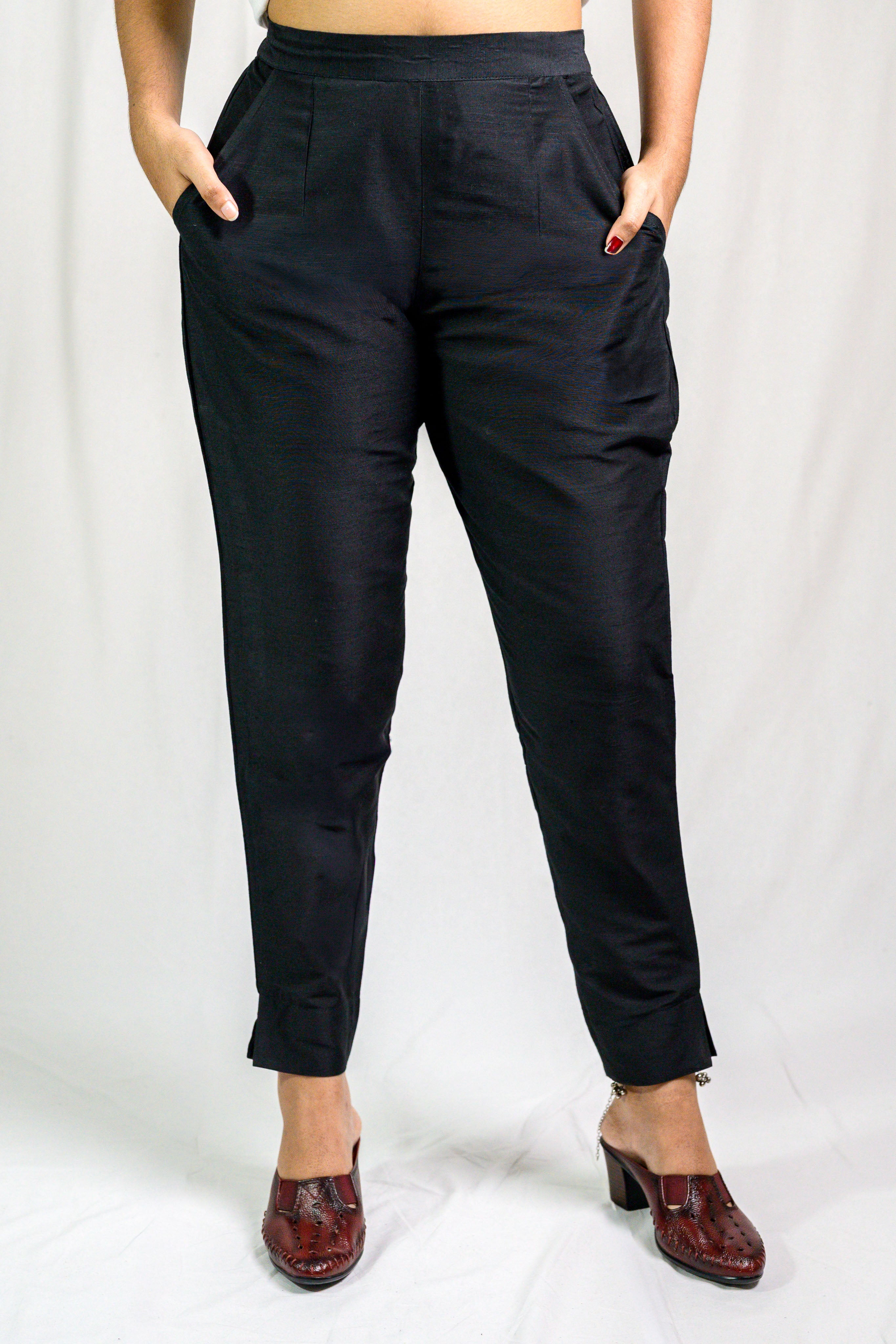 Black Slub Silk Pencil Pants