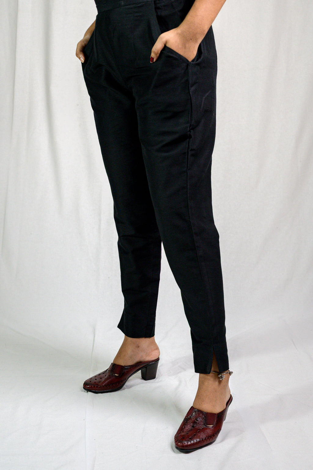 Black Slub Silk Pencil Pants