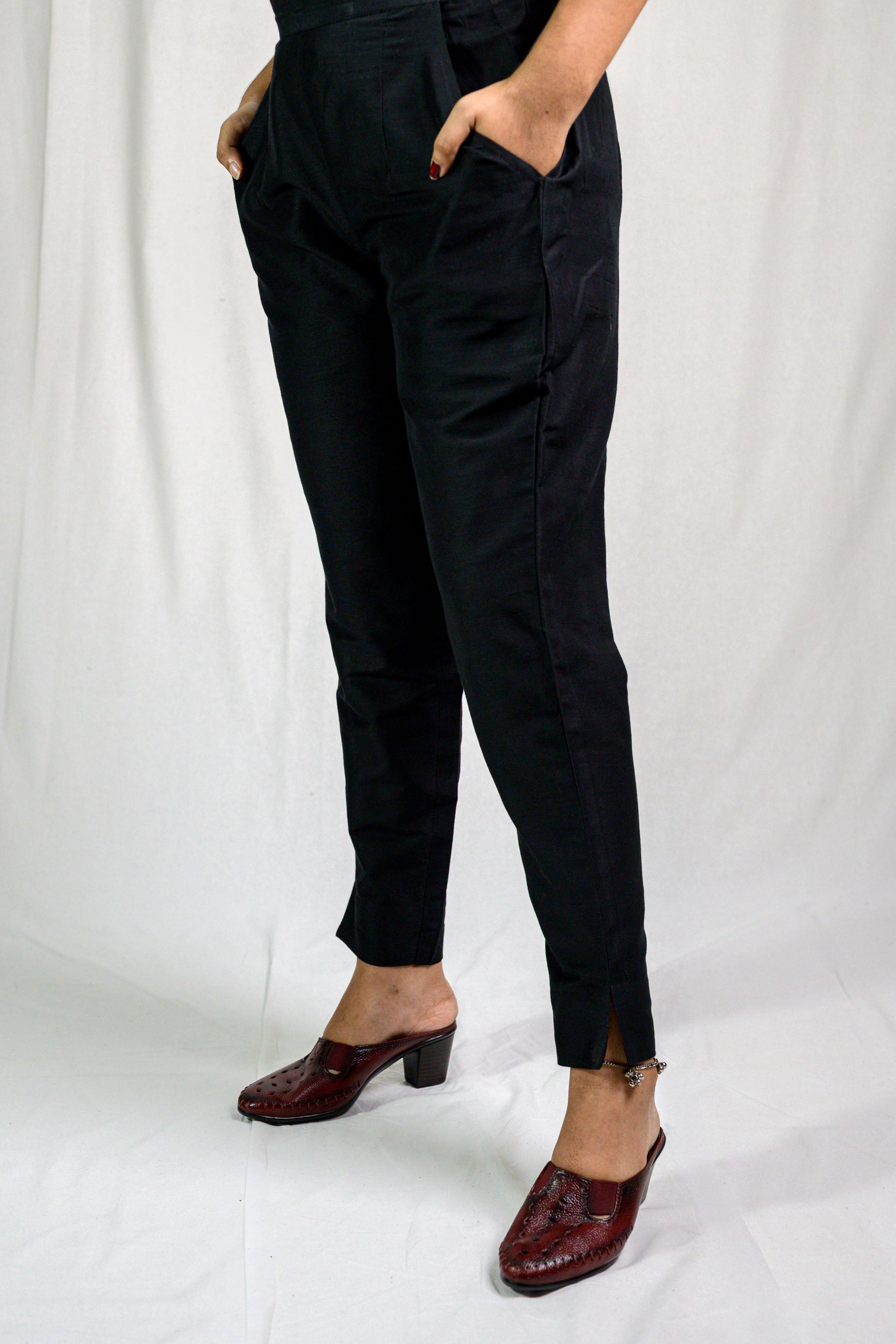 Black Slub Silk Pencil Pants