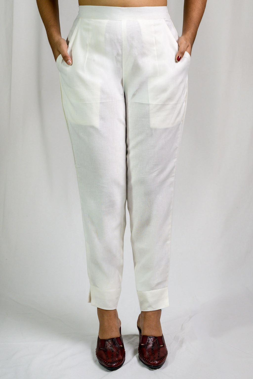 Off White Cotton Flax Pencil Pants