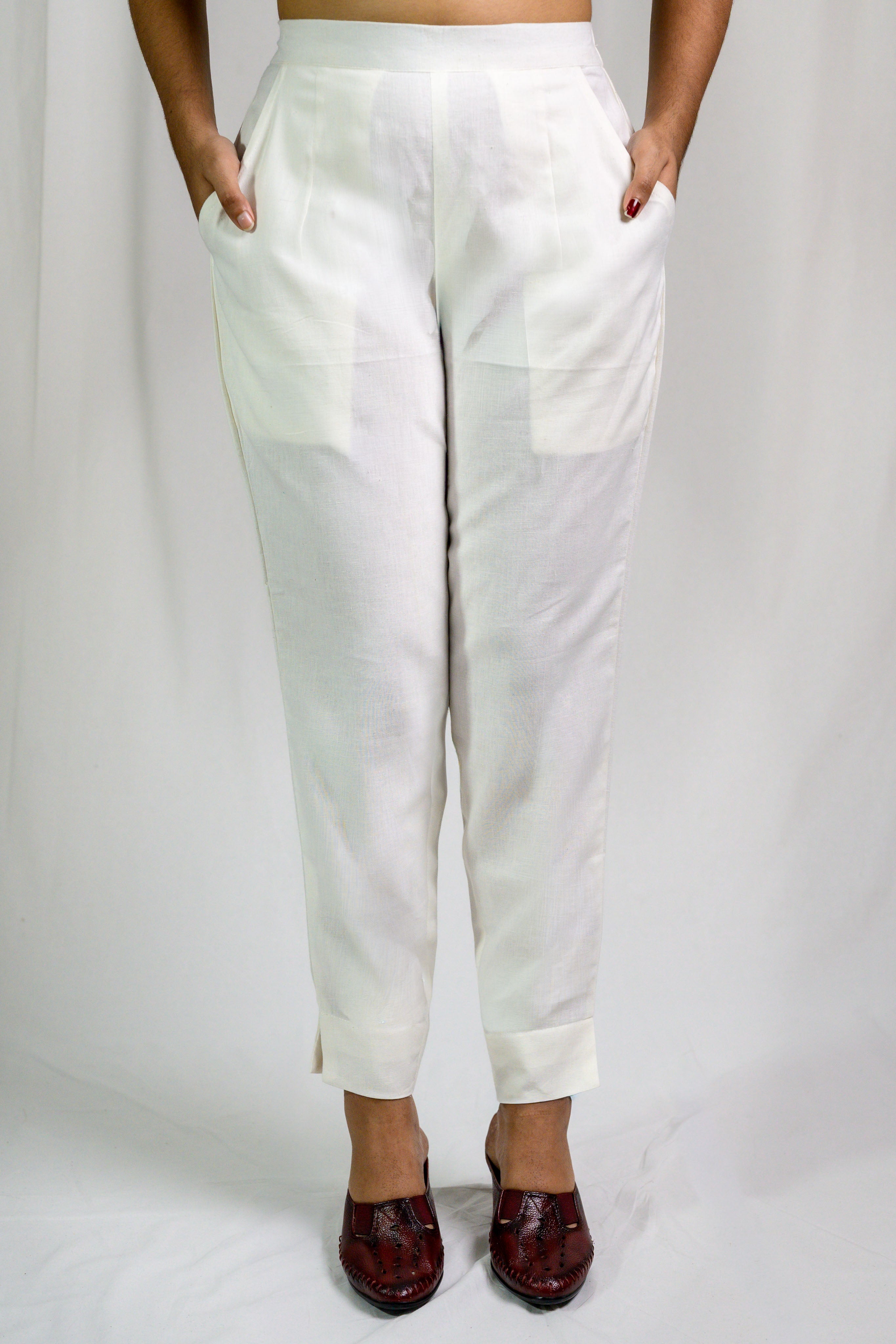 Off White Cotton Flax Pencil Pants