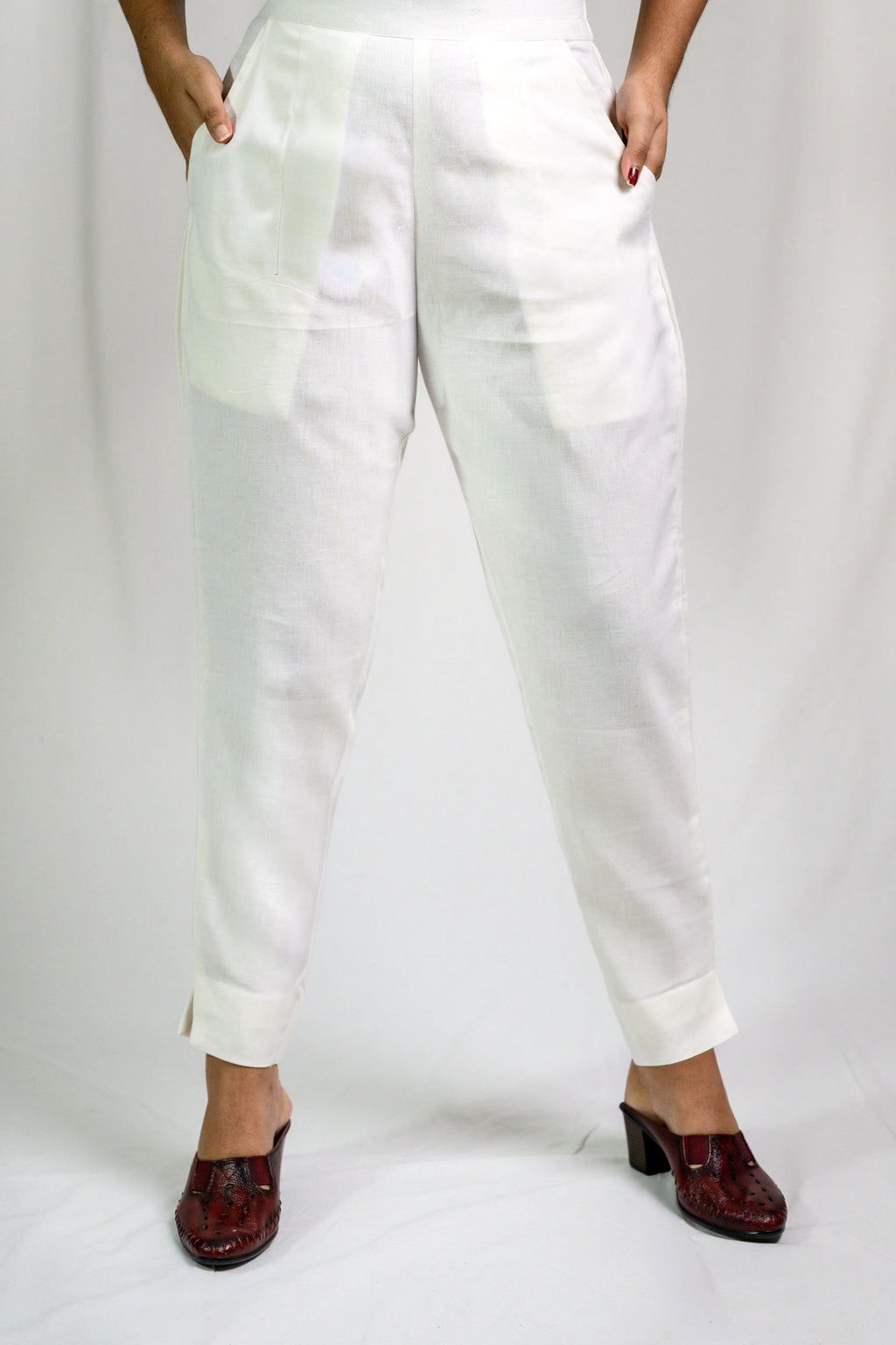 Off White Cotton Flax Pencil Pants