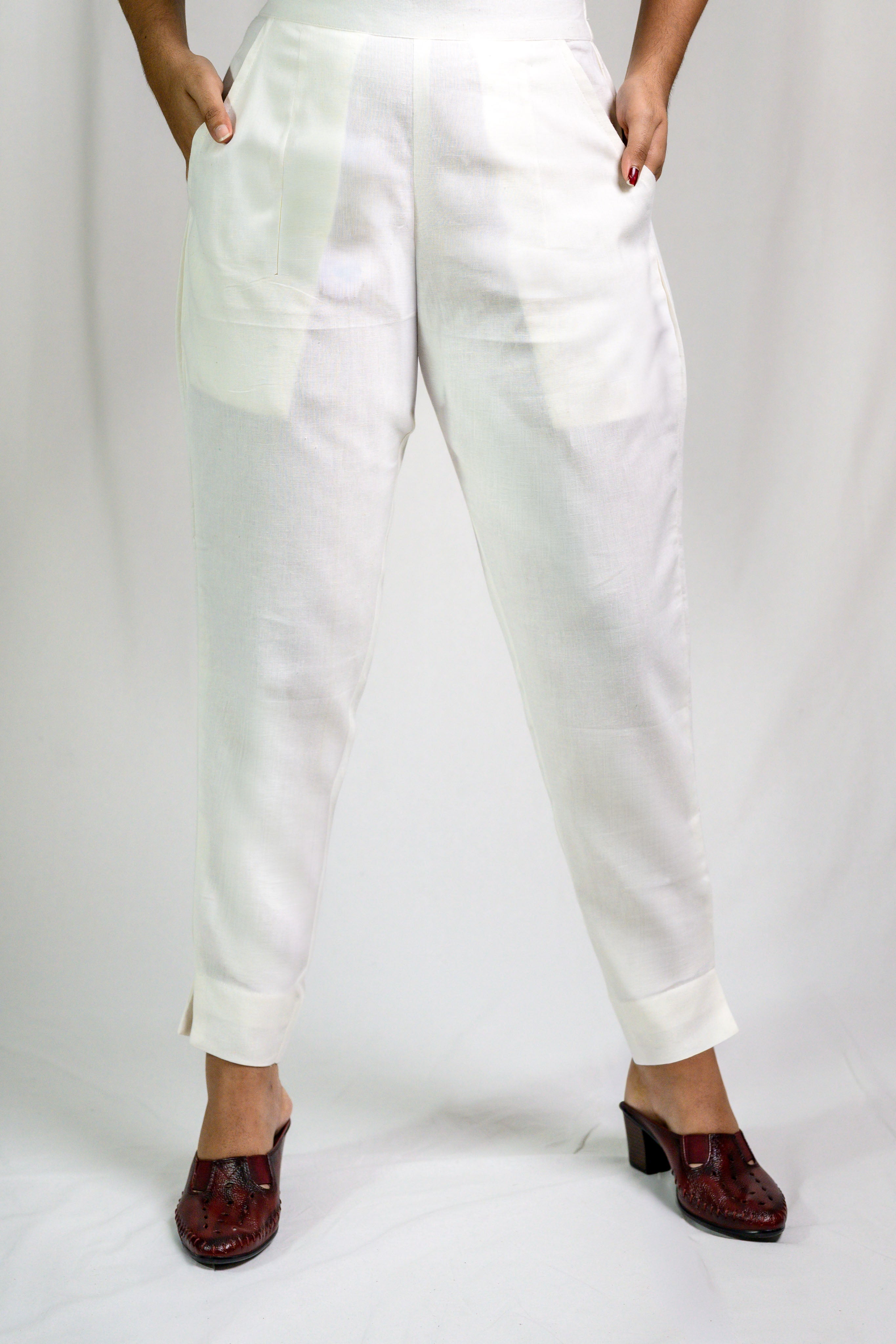 Off White Cotton Flax Pencil Pants