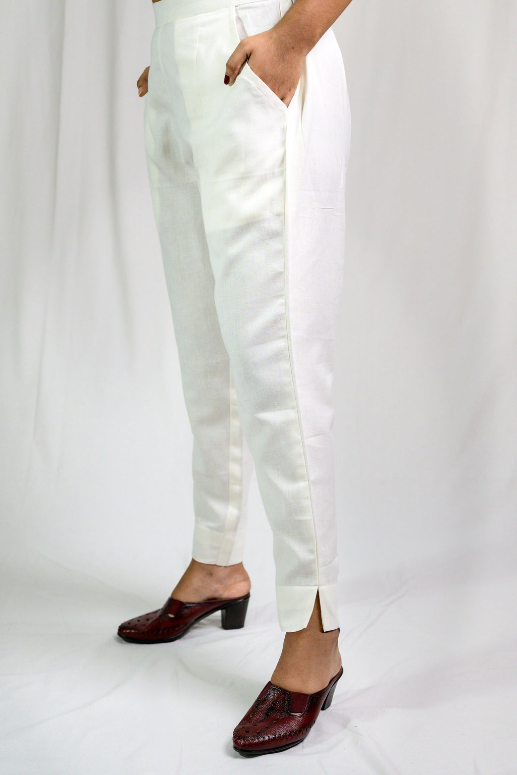 Off White Cotton Flax Pencil Pants