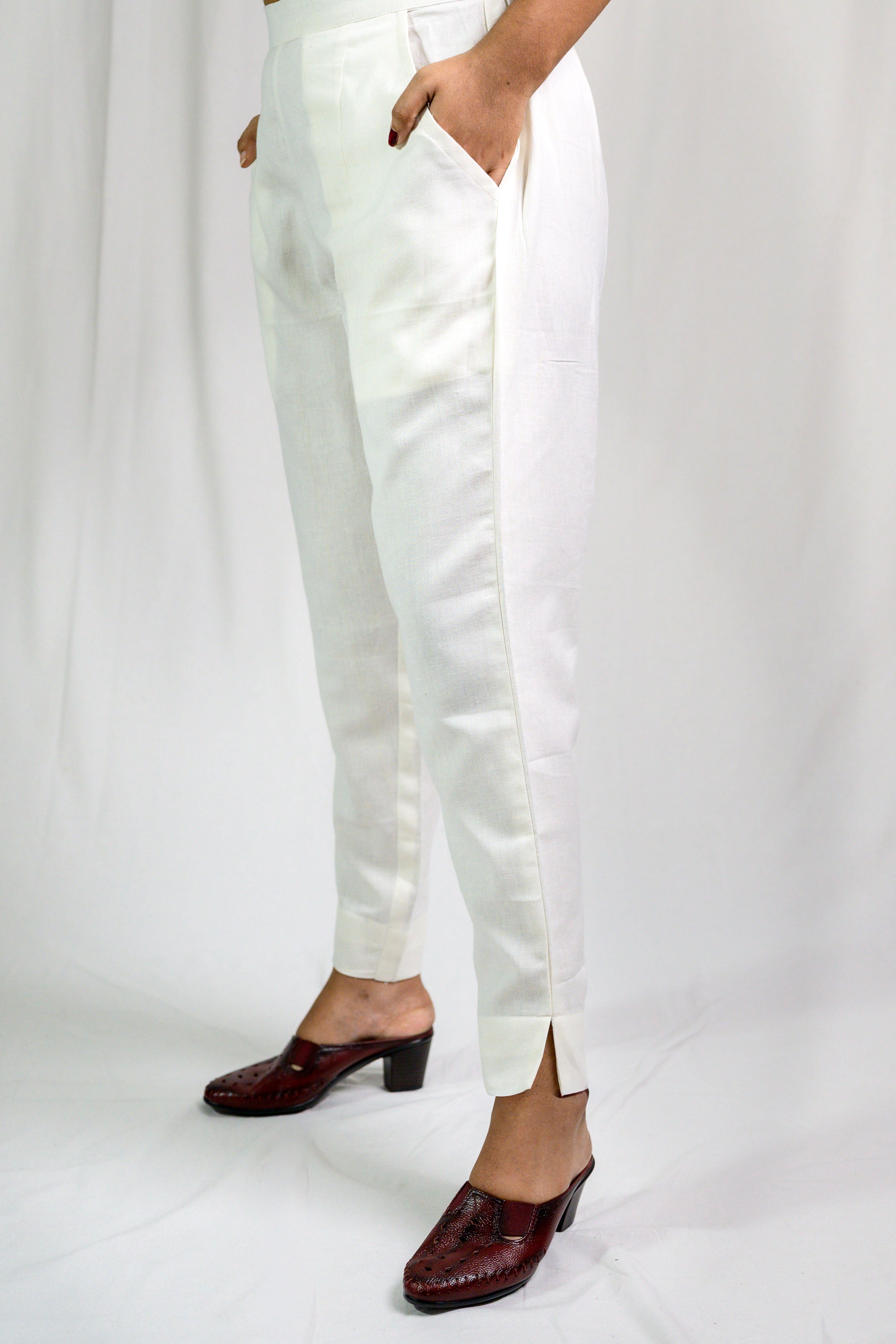 Off White Cotton Flax Pencil Pants