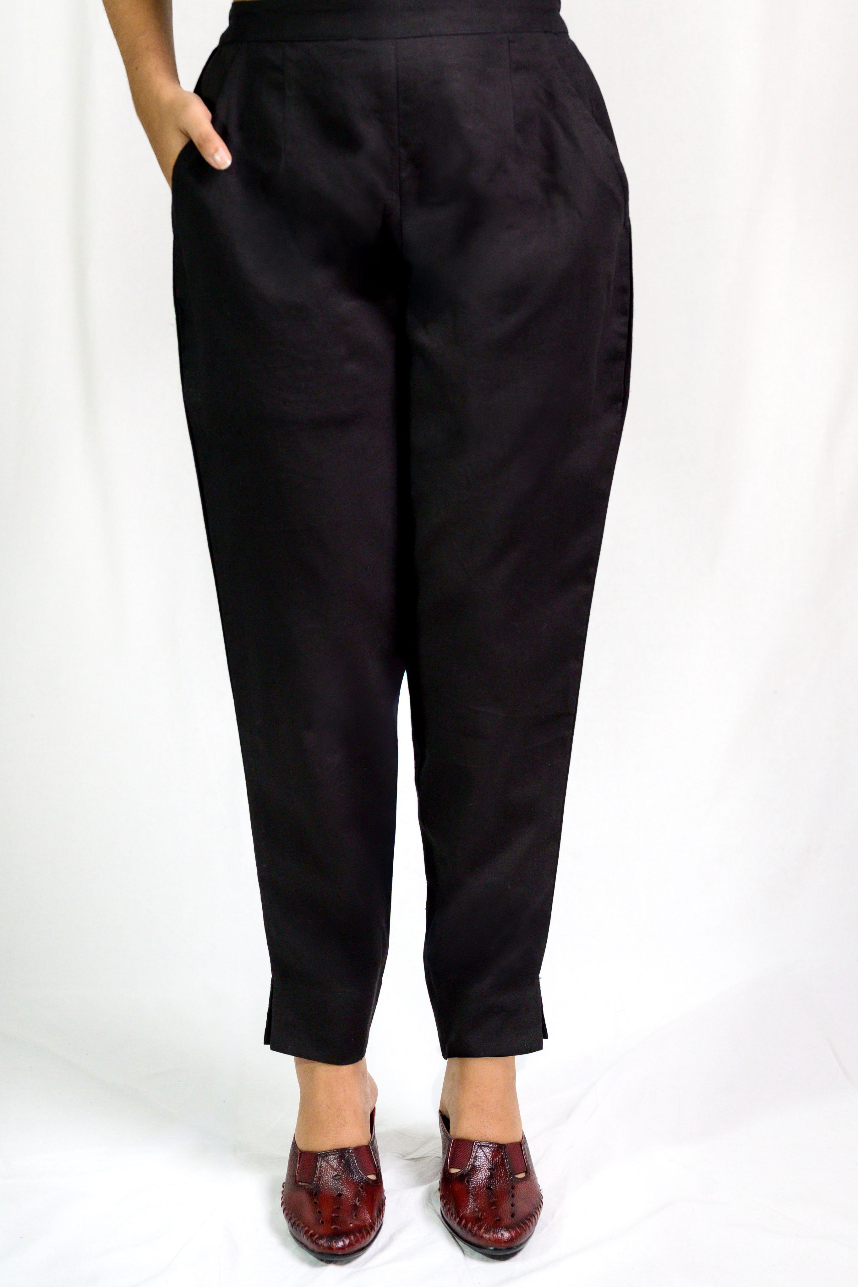 Black Cotton Flax Pencil Pants
